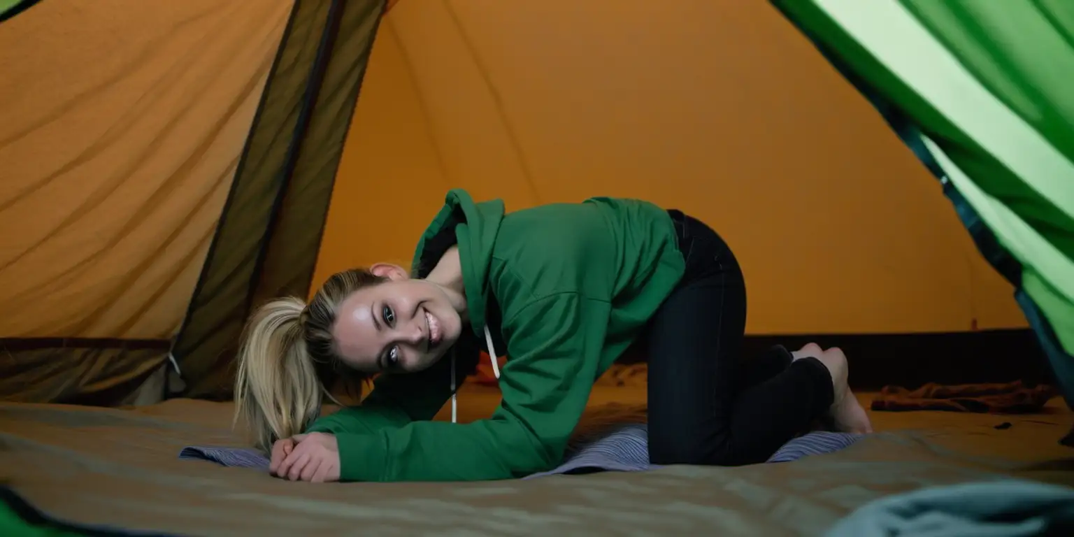 Dark Blonde Woman Relaxing in Green Hoodie in Large Tent at Dusk