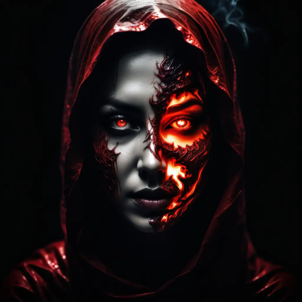 Create a detailed image of a woman's face that depicts a powerful duality. On one side, have the woman's face veiled in darkness, representing an internal struggle. On the other side, illuminate her visage with a fiery red glow, symbolizing love's passionate flame. This striking contrast also represents the constant battle between light and evil within the human soul. Let the image convey a sense of profound darkness, while not crossing into the territory of explicit gore.