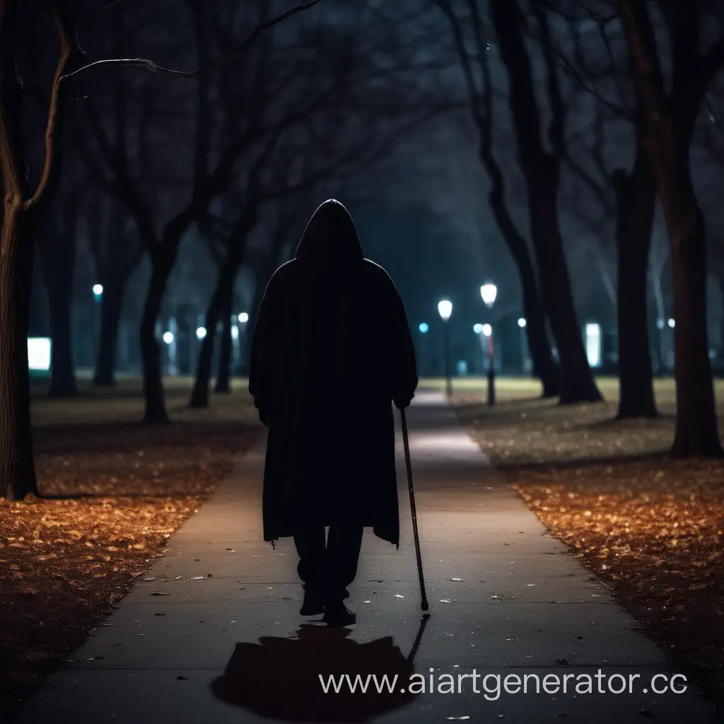 Человек без лица в капюшоне с трость гуляет по парку ночью