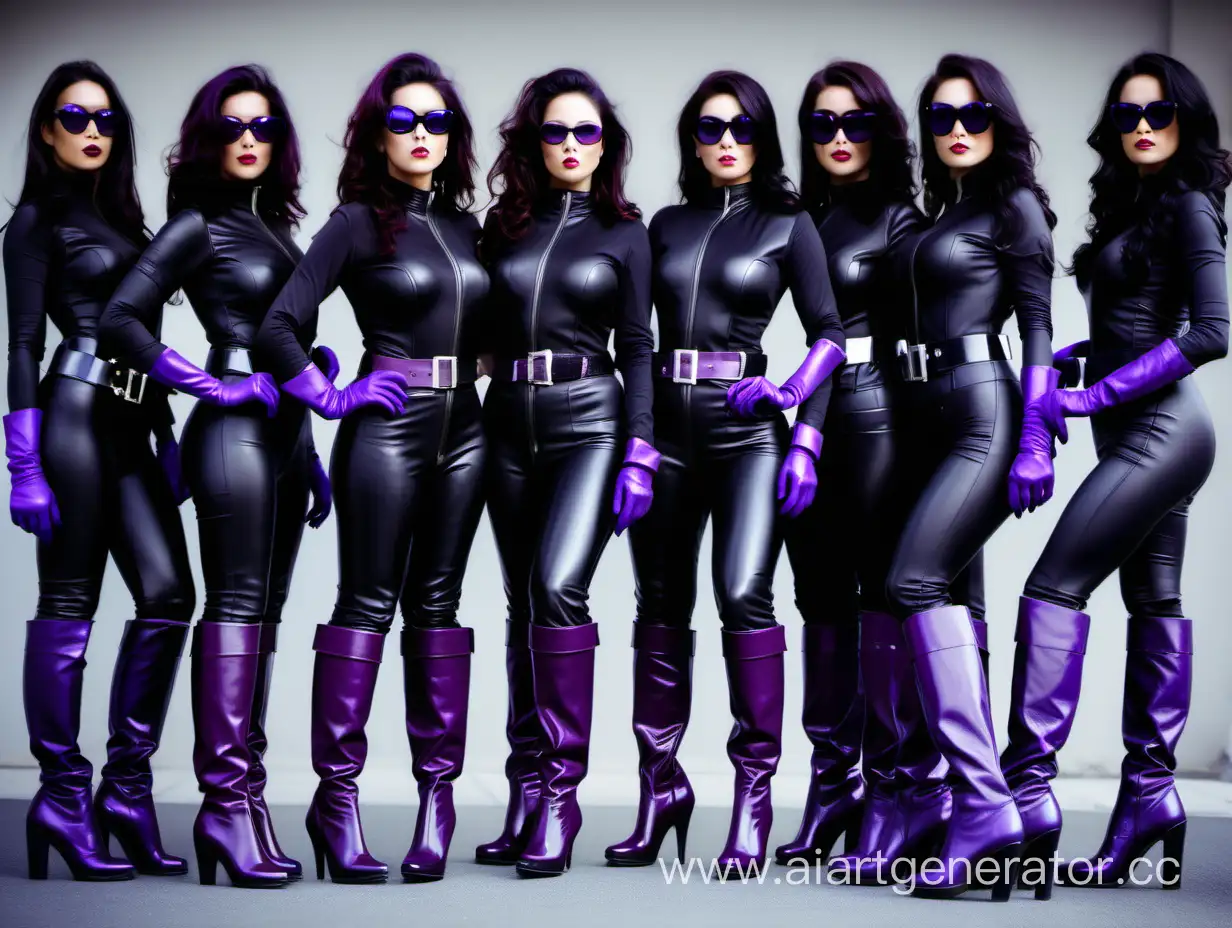 sexy spy women all in matching black
leather catsuits, purple knee high boots, purple gloves, black sunglasses and wide purple belts stood in a line at attention