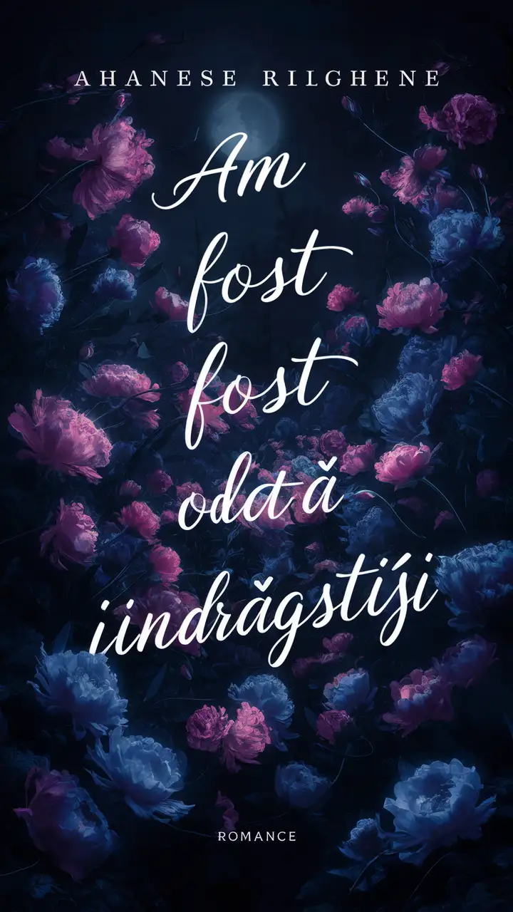 A cover for a romance book with purple and blue dark flowers. Title is Am fost odată îndrăgostiți 