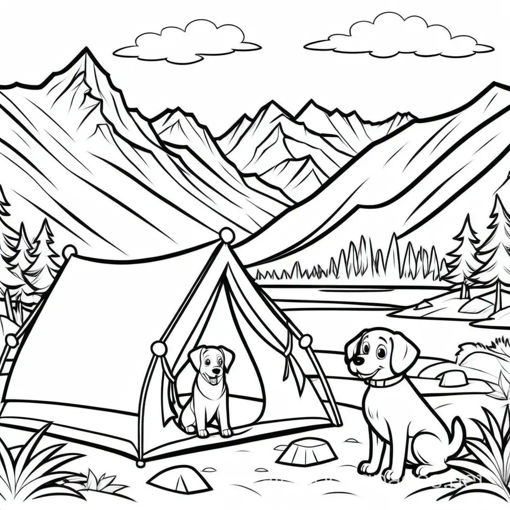 Mountain-Campsite-Coloring-Page-with-Dog-Black-and-White-Line-Art
