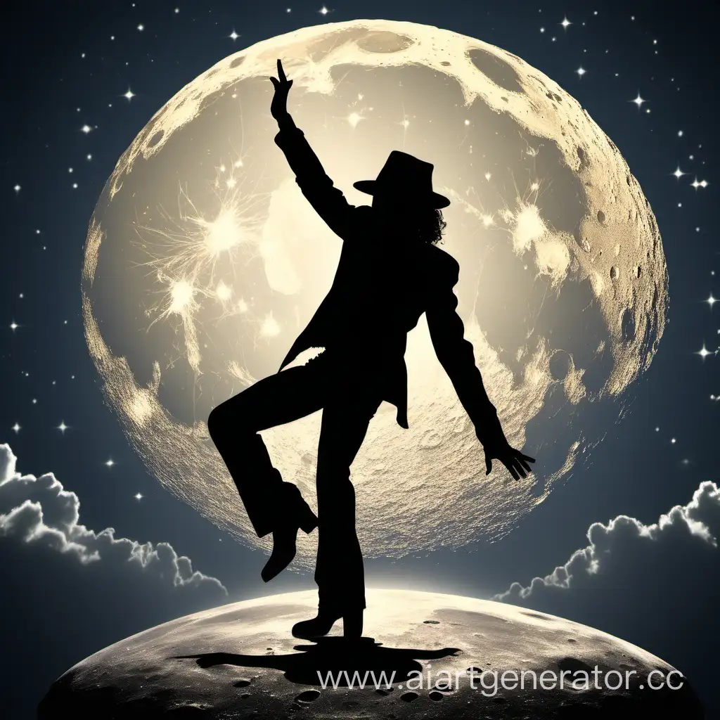 Silhouette of Michael Jackson wearing with hat is dancing on the big round moon background