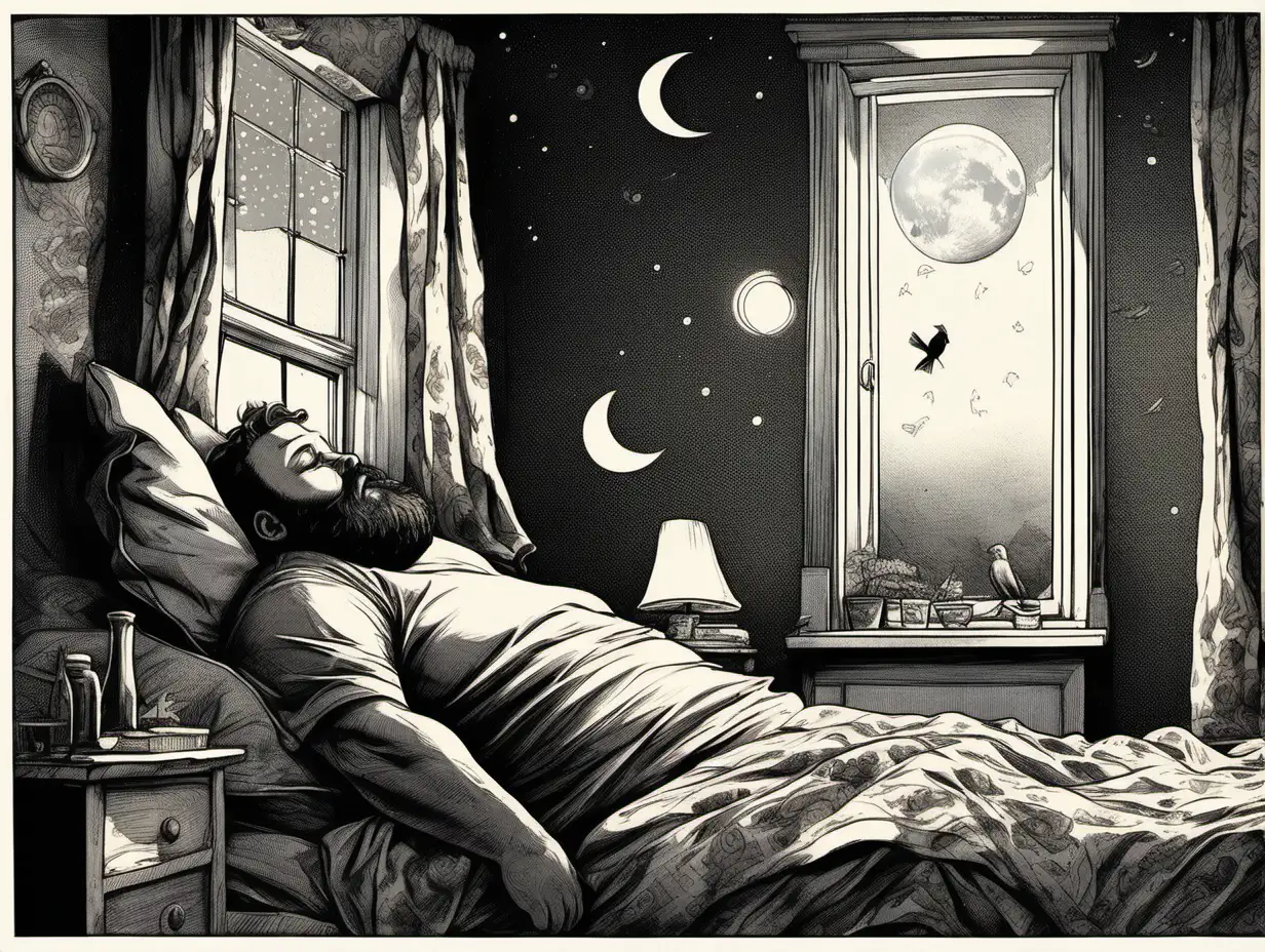 A slightly overweight man with a full beard lies on his bed, staring up at the ceiling with a pensive expression and his hands behind his head. On the windowsill next to him, a small bird lands, back lit by the moon light that spills into the room