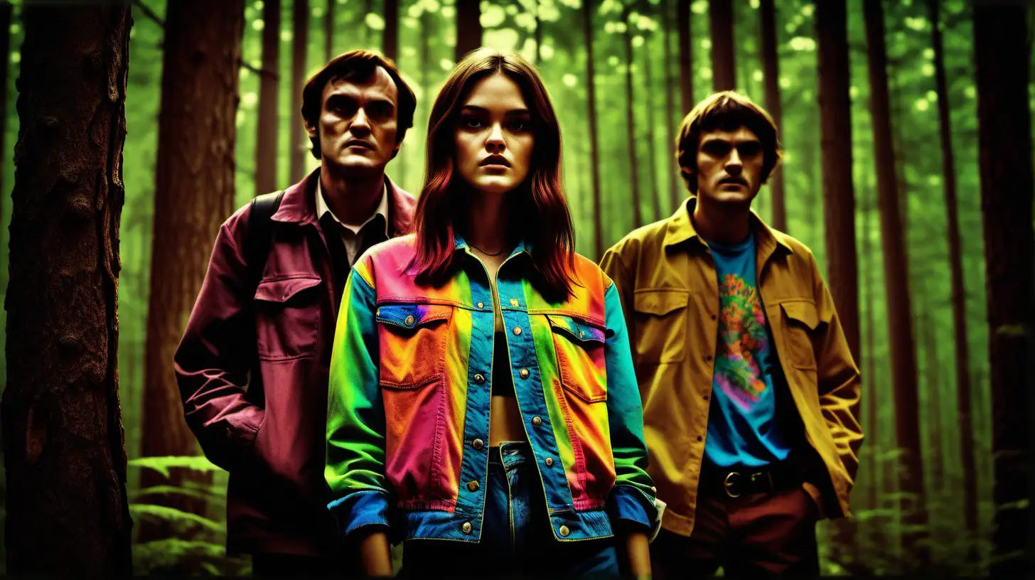Movie poster. The name of the movie "The Forest". Beautiful girl dressed in clothes of psychedelic colors. She is in the woods with to two male drug addicts. Quentin Tarantino movies style