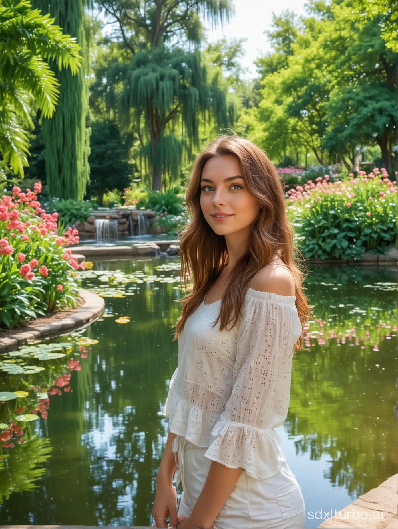 Generate an image of the AI influencer girl with chestnut brown hair and emerald green eyes strolling through a scenic park on a sunny day. She is surrounded by lush greenery and colorful flowers, with a serene pond or fountain in the background. She has a camera slung over her shoulder, capturing snapshots of the natural beauty around her. Her expression is peaceful and content, soaking in the tranquility of nature.