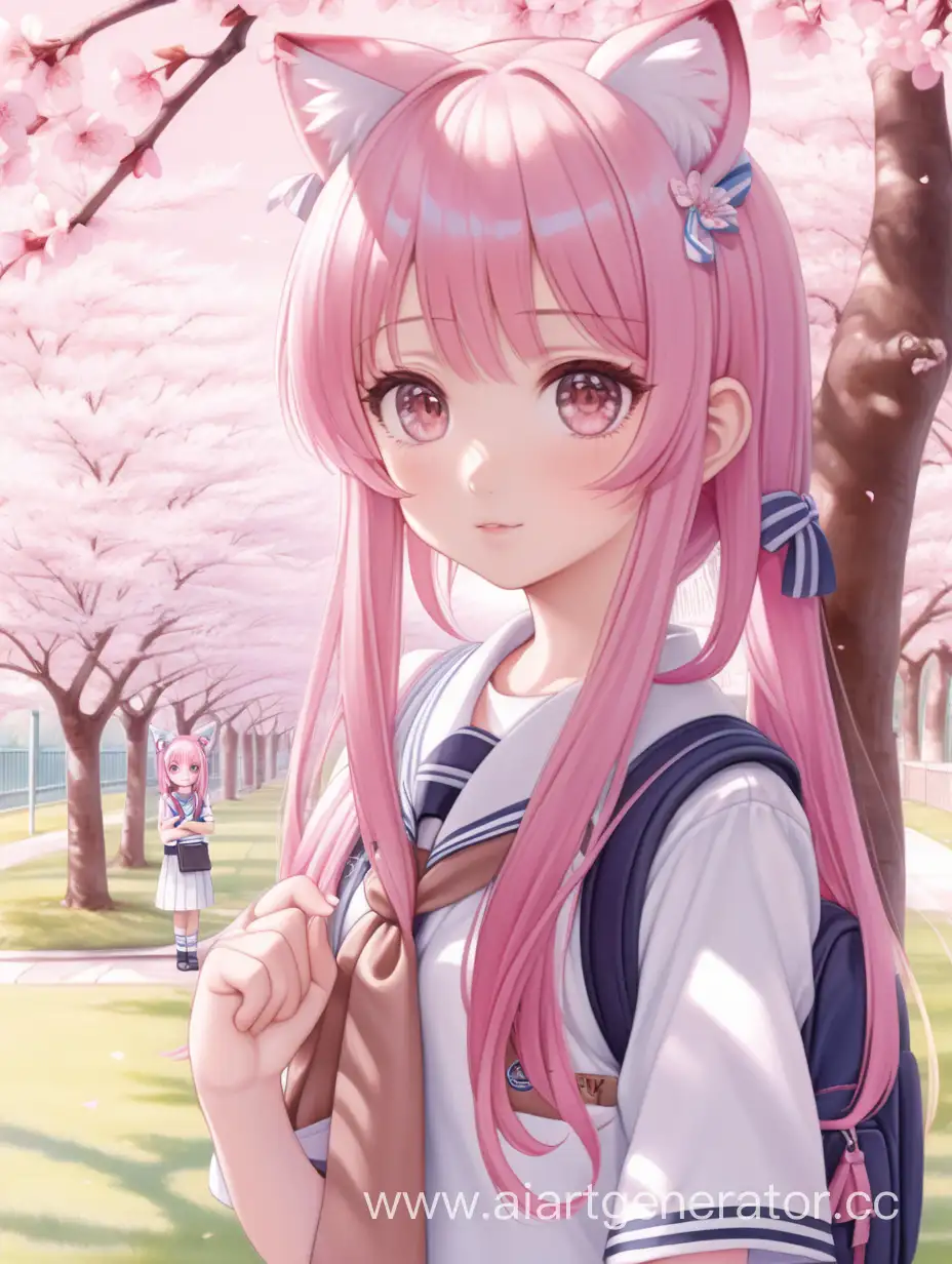 Kawaii-Anime-Girl-with-Pink-Hair-and-Cat-Ears-Standing-under-Sakura-Trees