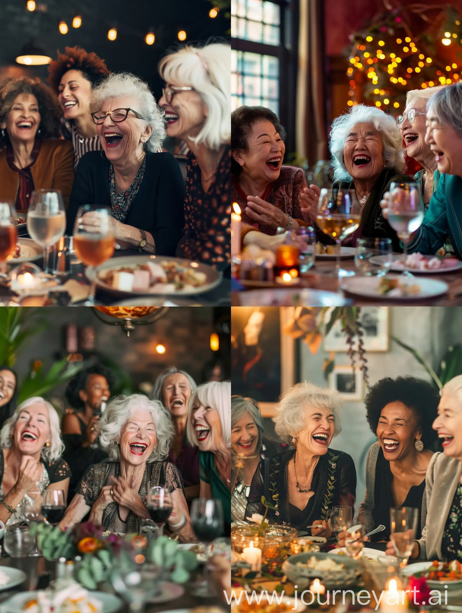 Generate a photo of a group of diverse, joyful older female friends laughing and celebrating together at a dinner party, capturing the spirit of camaraderie and empowerment on International Women's Day.