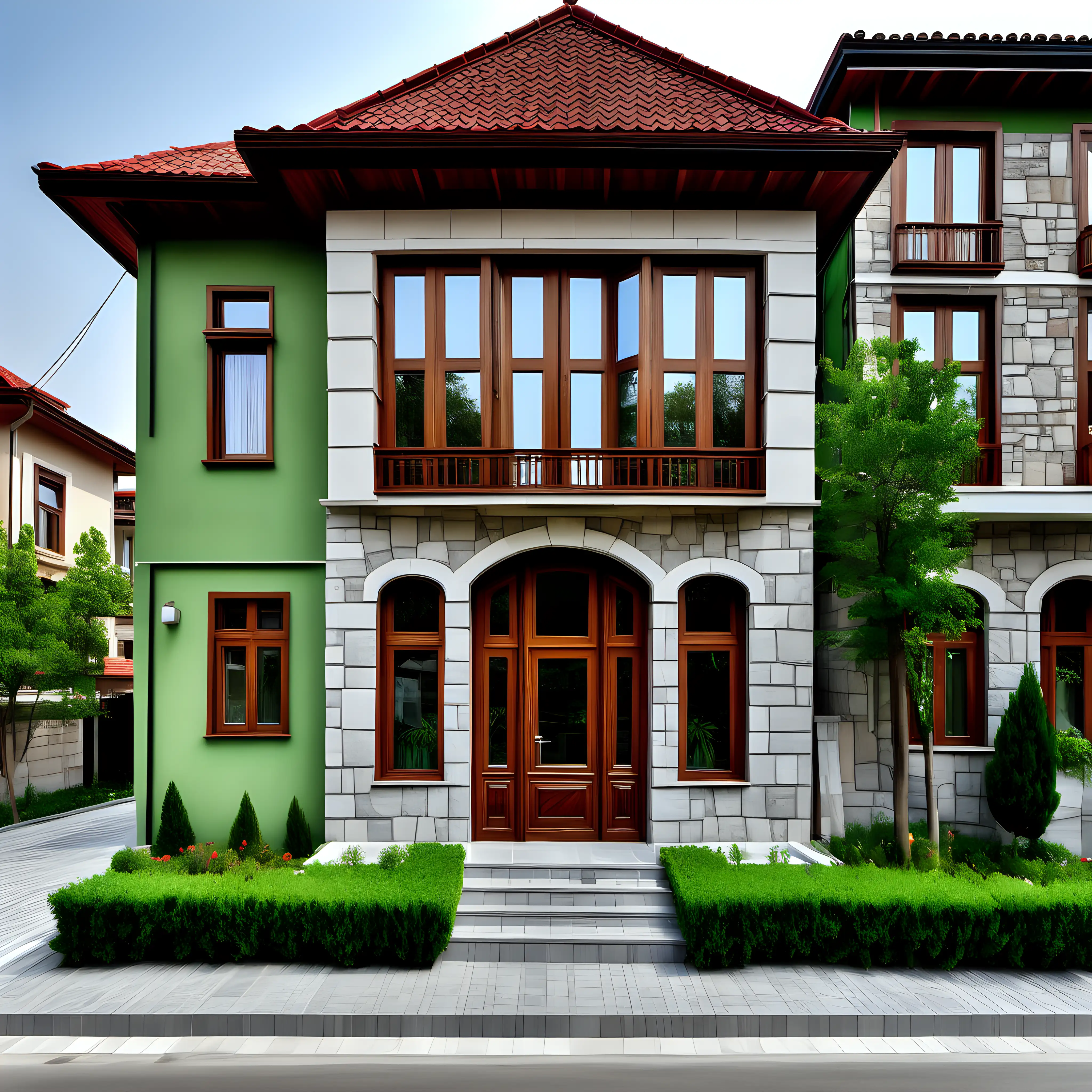 a city, street traditional Turkish villas, modern style, wooden windows, wooden bay window, , stone facade, green garden,
 plants, wide eaves, wooden floor molding