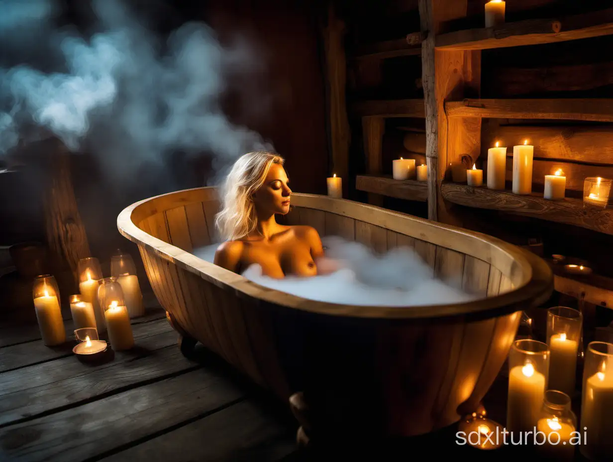 A beautiful woman with blonde hair relaxes naked in a steamy wooden bathtub surrounded by a few lit candles. The atmosphere suggests a calm and peaceful environment with a rustic wooden interior, enhancing the essence of relaxation and comfort, the water evaporating to form smoke