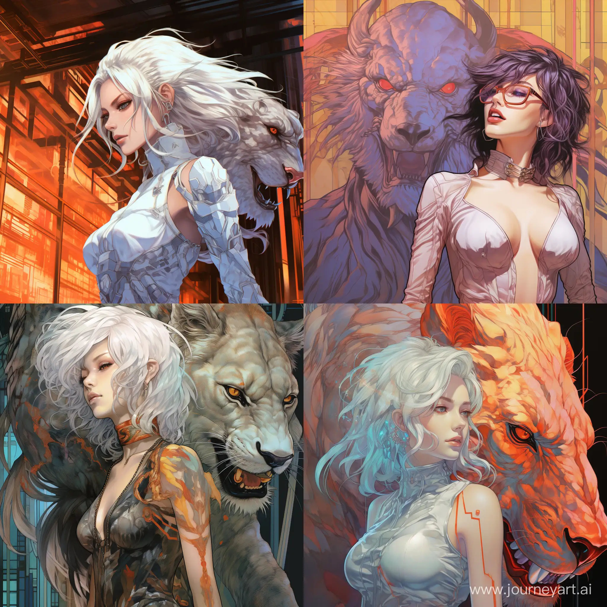 woman facing left on the foreground and a lion behind her, fangs, fullbody, roar, earrings, geometric shapes, abstract highly detailed, in the style of crisp neo-pop illustrations, cyberpunk manga , amber and silver, paul hedley, katsuhiro otomo, matte photo, comic art, by moebius and artgerm