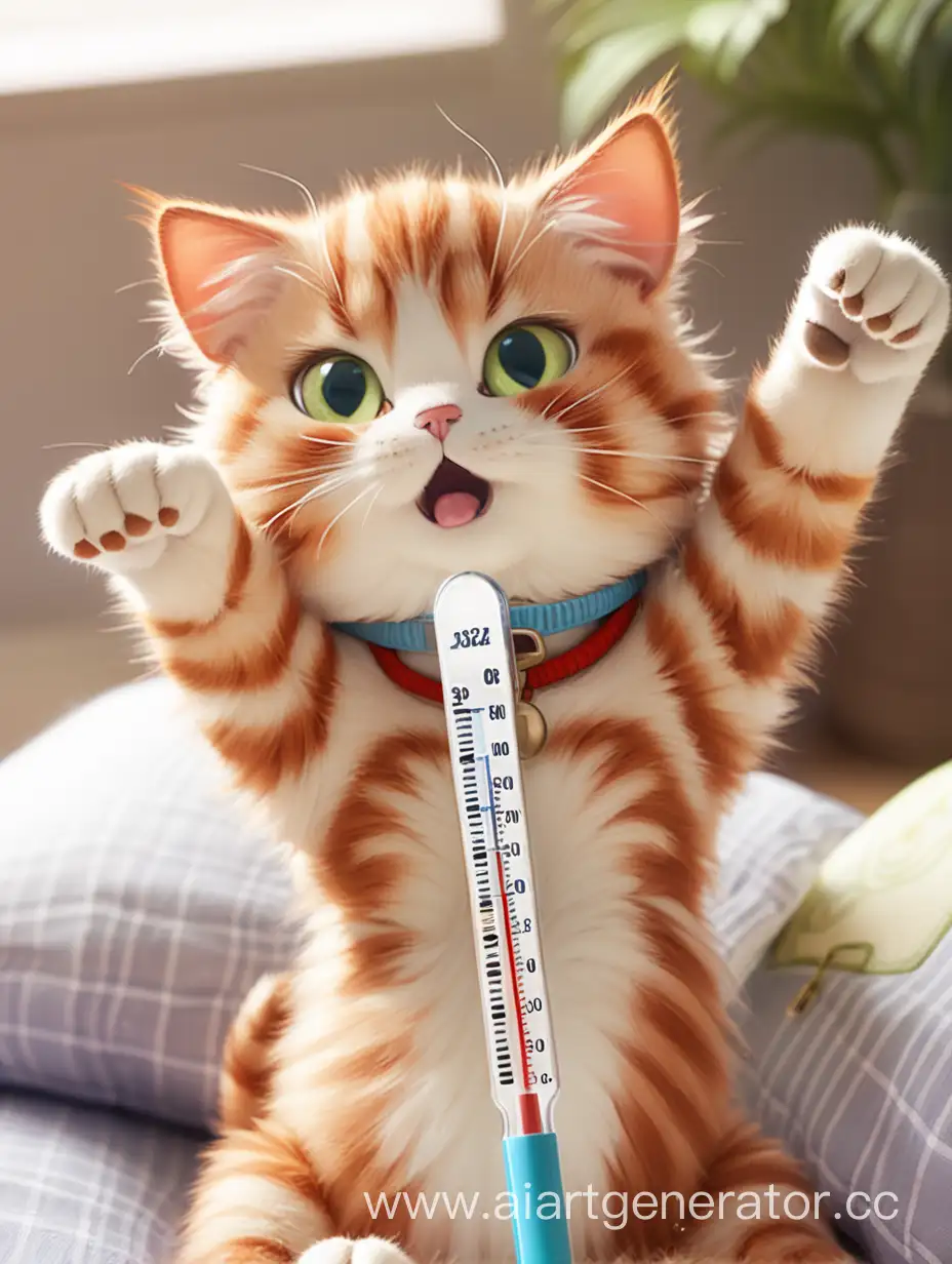 Cat with a thermometer under its armpit