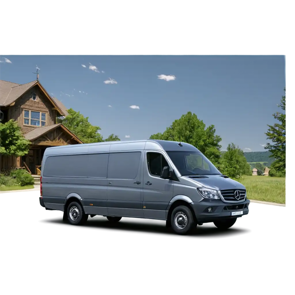 Backdrop scenery is rural neighborhood, a mercedes benz sprinter van is at the front