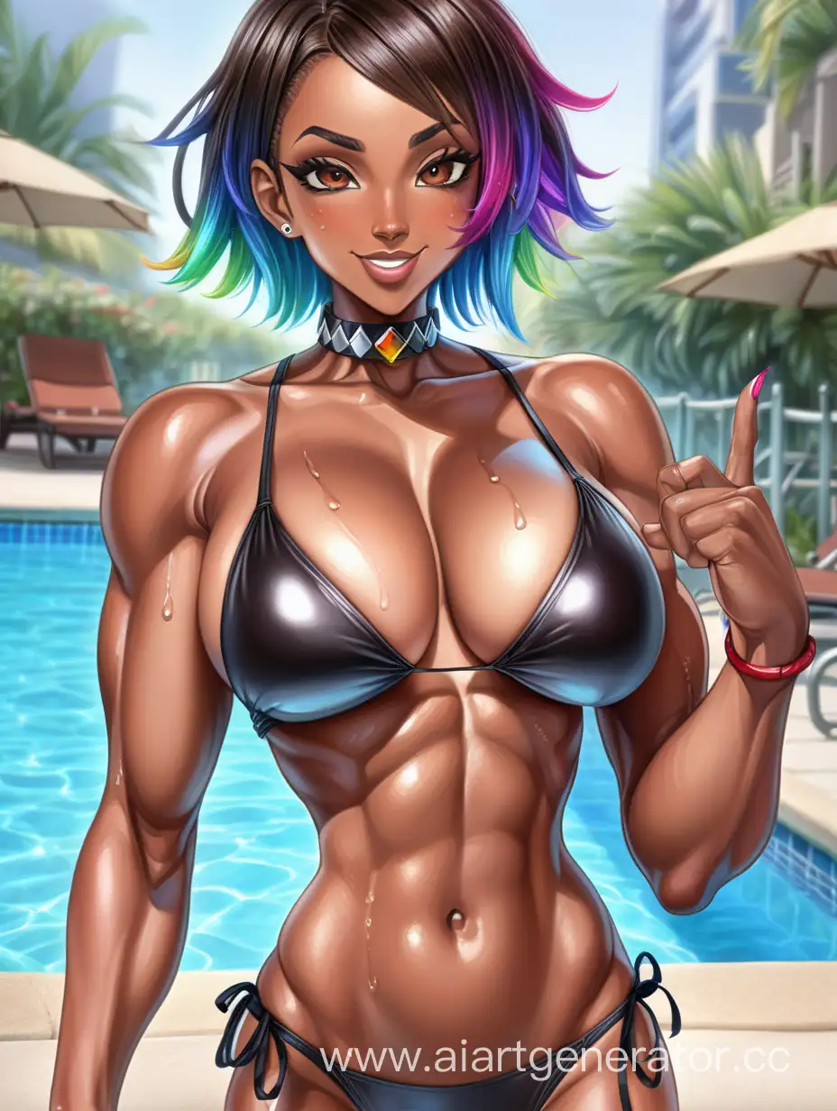 Front View, Uper Body View, Pool, Swimming, Swimming In The Pool, 1 Person, Women, Human, Rainbow Hair, Short Hair, Spiky Hairstly, Dark Ebony Brown Skin, Dark Brown Skin, Black Heart Print Bikini, Choker, Perfect Face, Perfect Lips, Scarlet Red Lipstcik, Perfect Hands, Five Finger, Seriuos Smile, Perfect Eyes, Brown Eyes, Sharp Eyes, Black Pupils, Symmetric Eyes, Perfectly Symmetrical Body, Tall Body, Bodybuilder Body Type, Massive Breasts, Covered Breasts, Big Well-Toned Body, Big Muscular Arms, Big Muscular Legs, Hard Abs, Well-toned Abs, Muscular Body, Wet Body, Wet Hair,