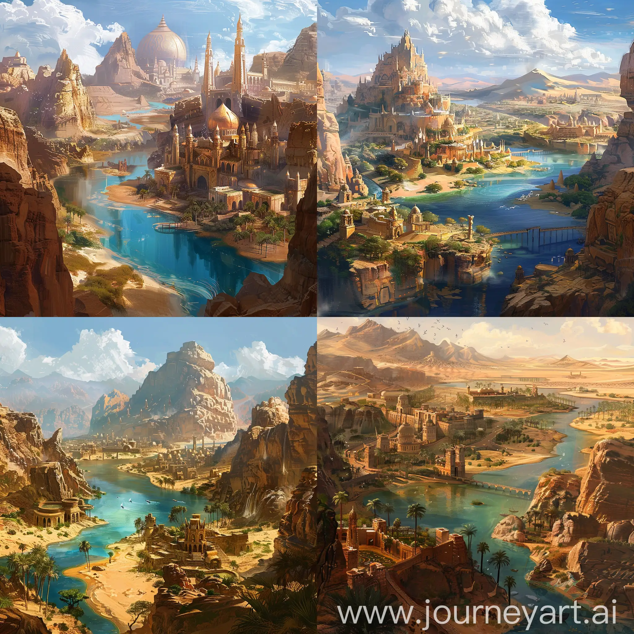 Desert elven city, capital, high fantasy, body of water, oasis