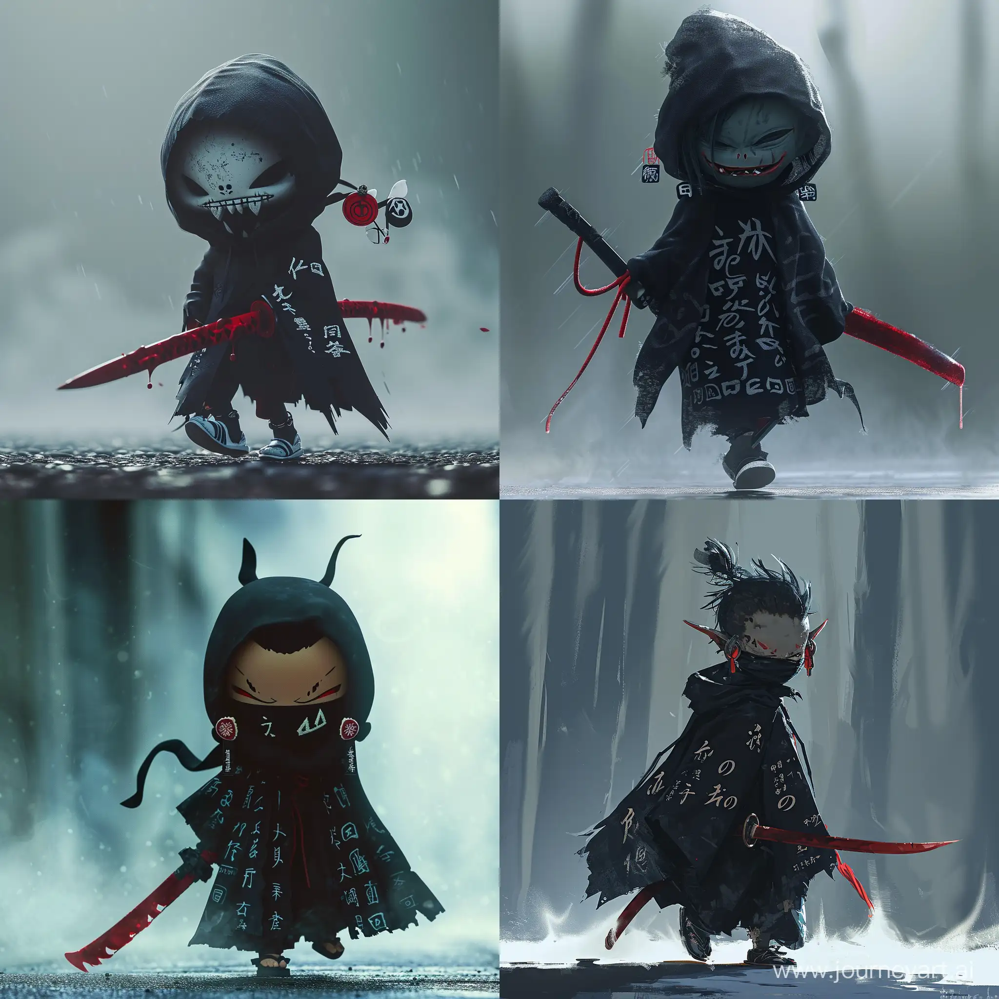Маленький демон, ходящий под завесой тумана, держа в руках темно красный мечь, черный плащь с японскими надписями, японские серьги на ушах, с закрытым лицом и страшной улыбкой. Anime style