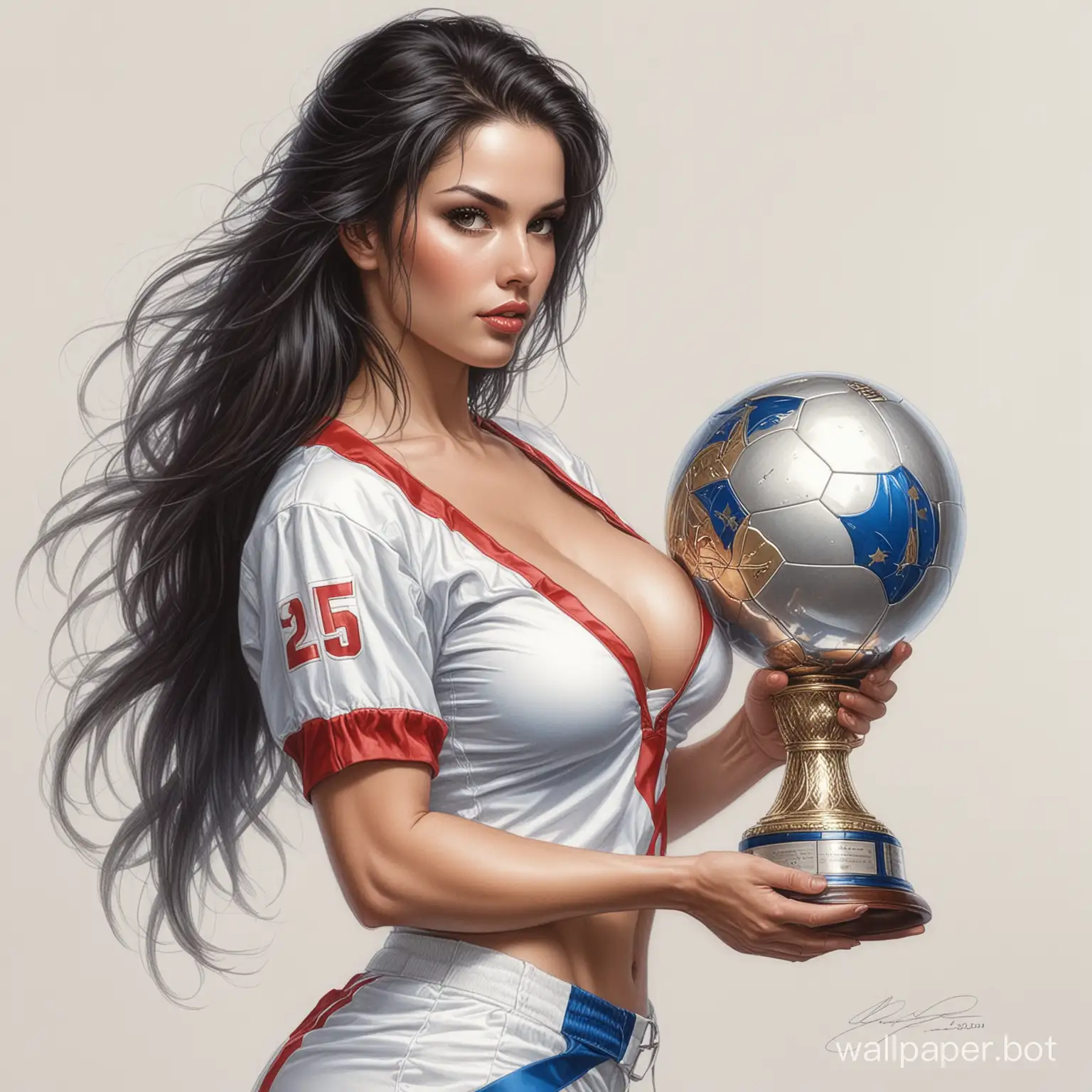 Sketch Lisa Duarte 25 years old dark hair with styling 7th size breasts narrow waist in white-red-blue football uniform with deep neckline holding a large Champions Cup on white background highly realistic drawing in colored pencil style Luis Royo