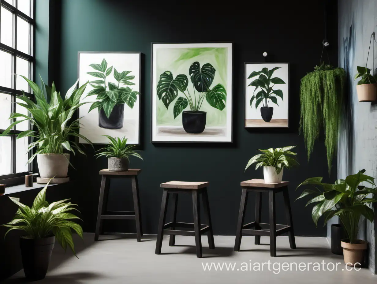 Светлое помещение, табурет в стиле лофт в темных тонах справа, несколько зеленых растений, пара картин на светлой стене