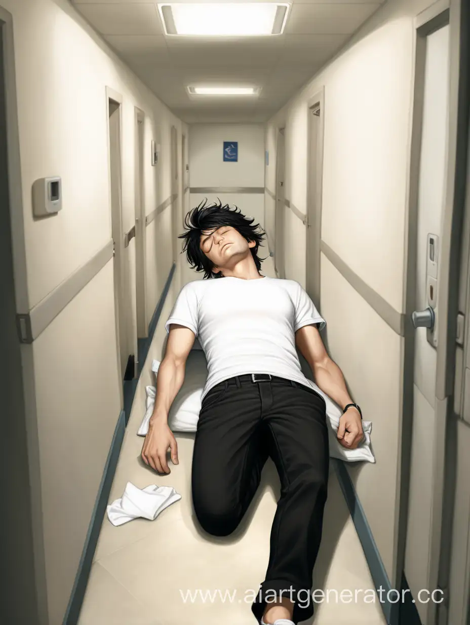 Парень с черными растрепанными волосами, в белой футболке и черных штанах, лежит в коридоре с закрытыми глазами