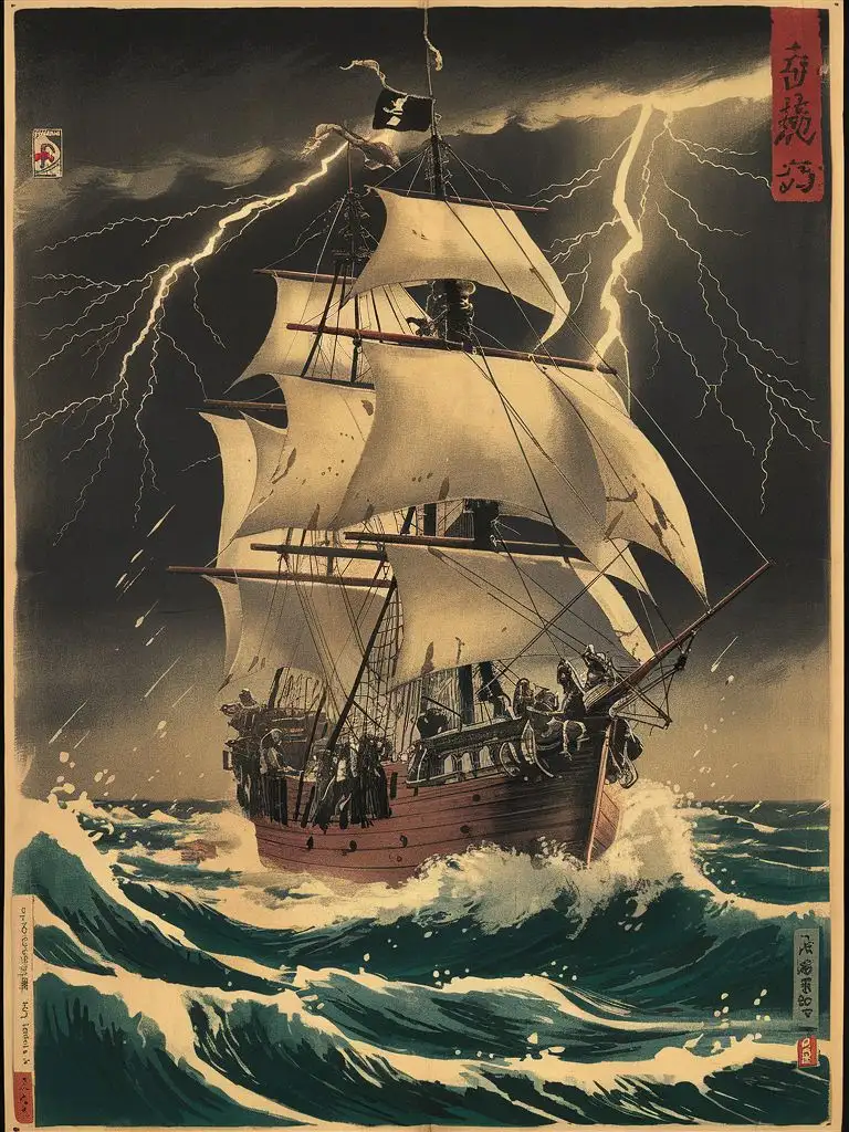 Vintage Japanese Pirate Ship Poster in Turbulent Storm | MUSE AI