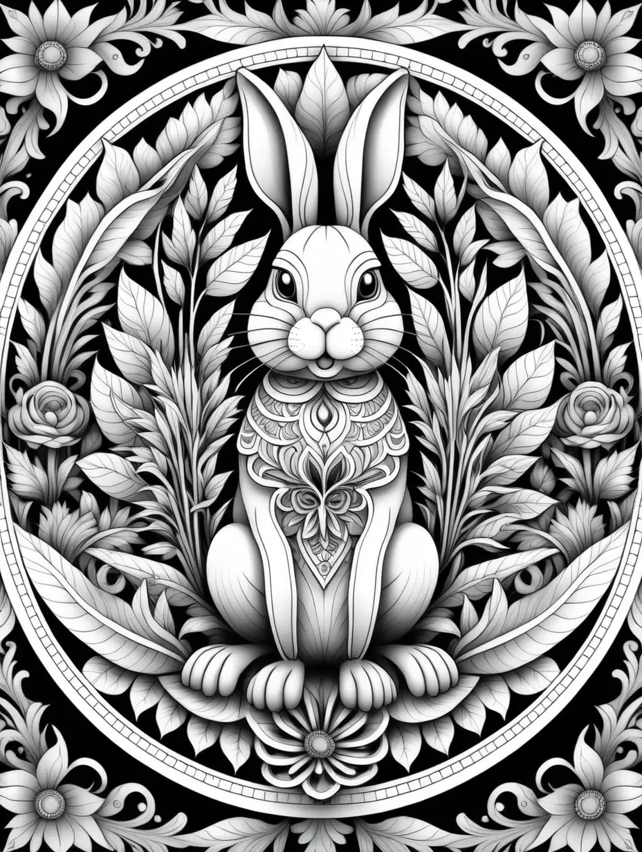 adult coloring book, black and white, best linework, high details, no color. 3D symmetrical mandala with vegetable details and rabbit