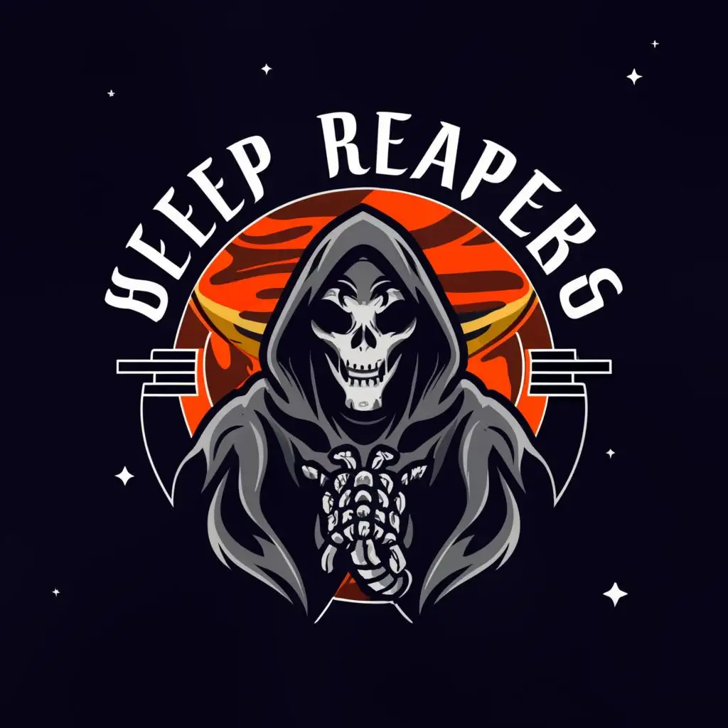a logo design,with the text "Sleep reapers", main symbol:Grim reaper
planet
spaceship
,complex,clear background