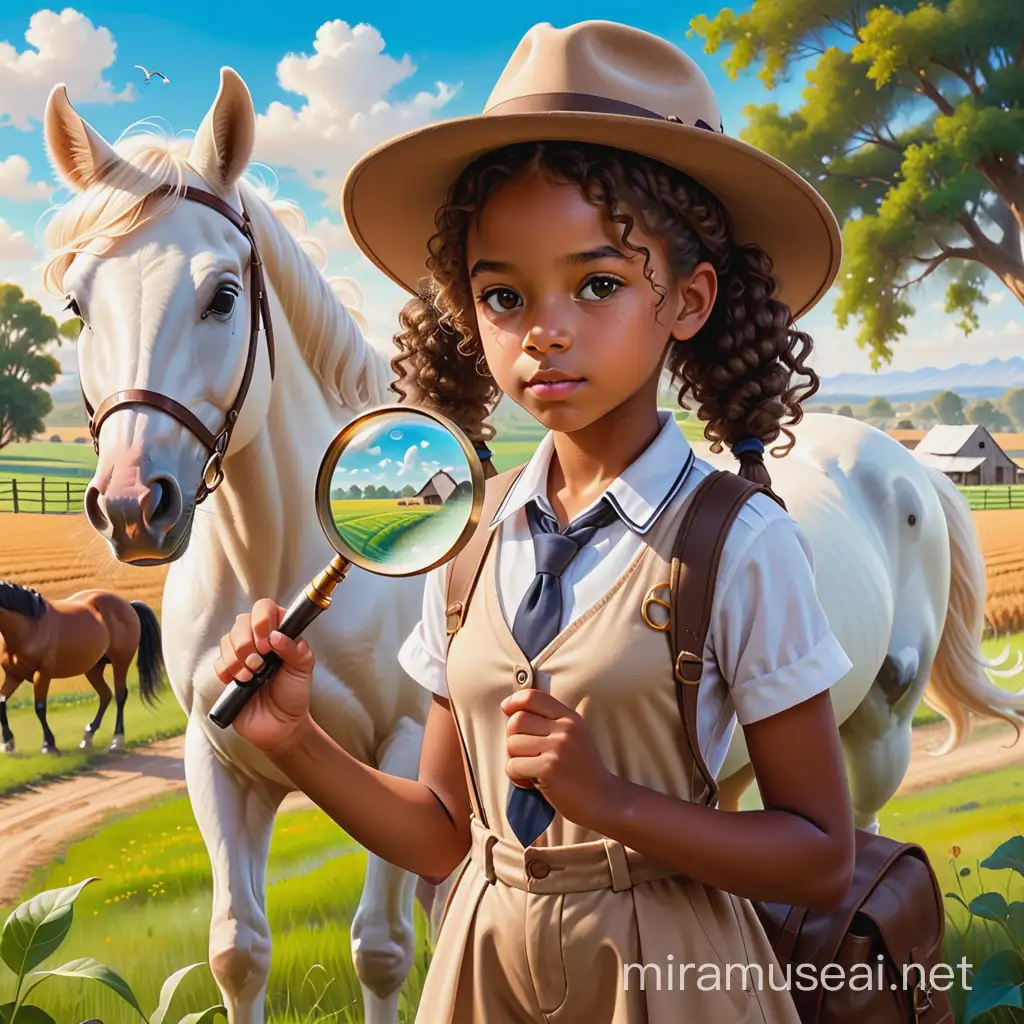 magical whispy  painting of 12 year old brown african american girl with curly pigtails in a detective outfit and hat with a magnifying glass in her hand with a white horse and farmland in the background.