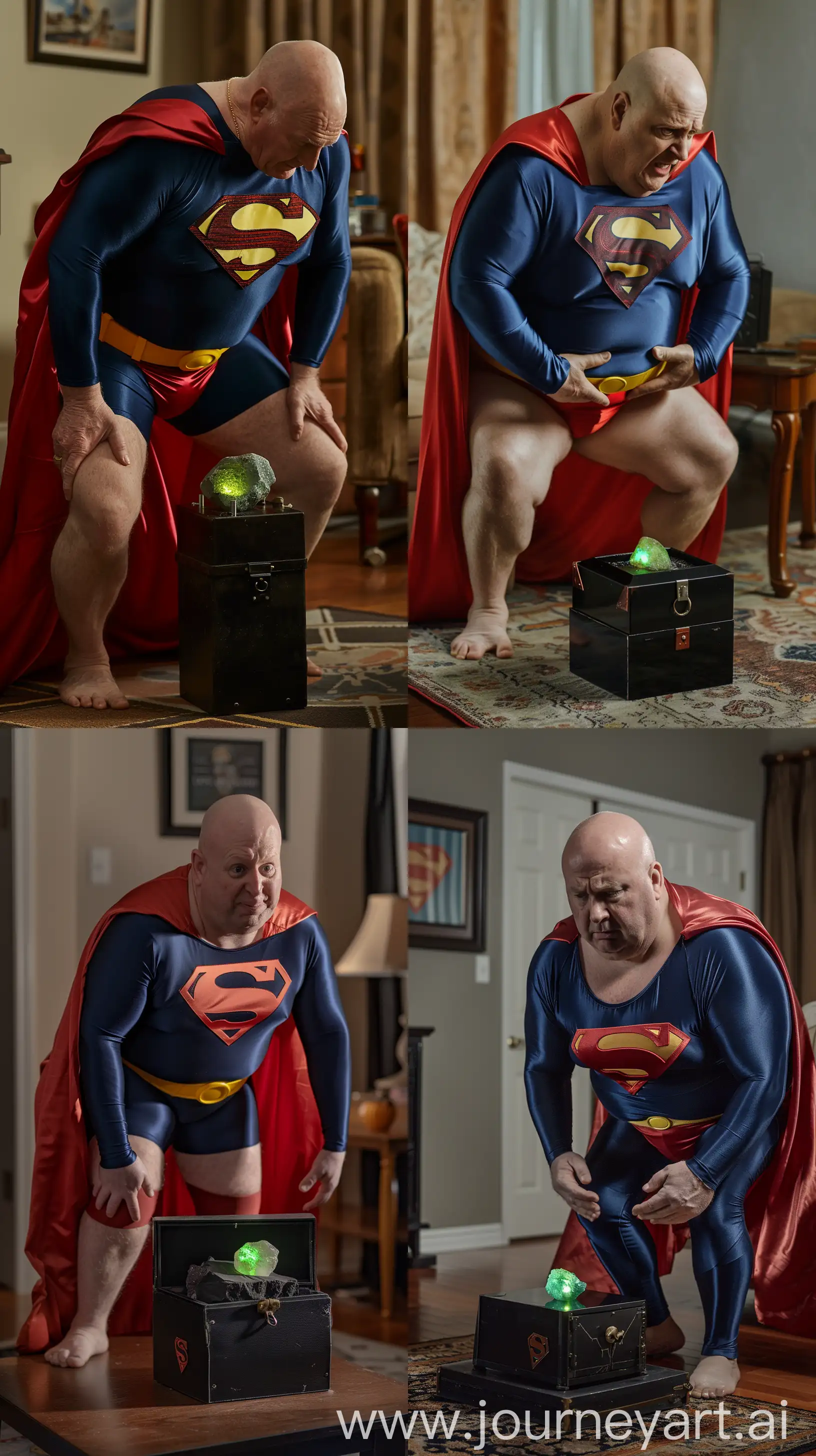 Front close-up photo of a trembling fat man aged 60 wearing silk navy blue complete superman tight uniform with a large red cape red trunks, yellow belt. Bending the knees in front of a small black metal box placed on a table containing a small bright green glowing rock. Inside a living room. Bald. Clean Shaven. Natural light. --ar 9:16