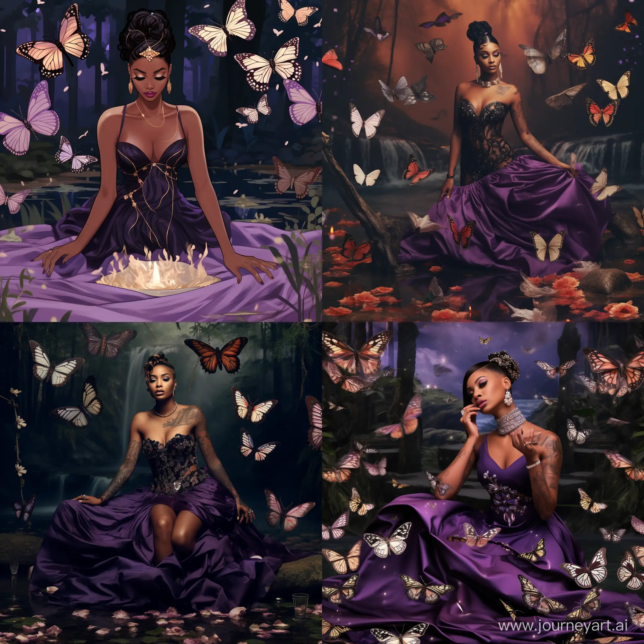 /imagine prompt  create chic image of scene with a black woman exuding style in a chignon, tattoos, and fine gold jewelry. she wears a deep purple butterfly dress with bedazzled white petticoat. in an enchanted forest. lots of butterflies, a pool of water with swans, showing full length. all blinged out