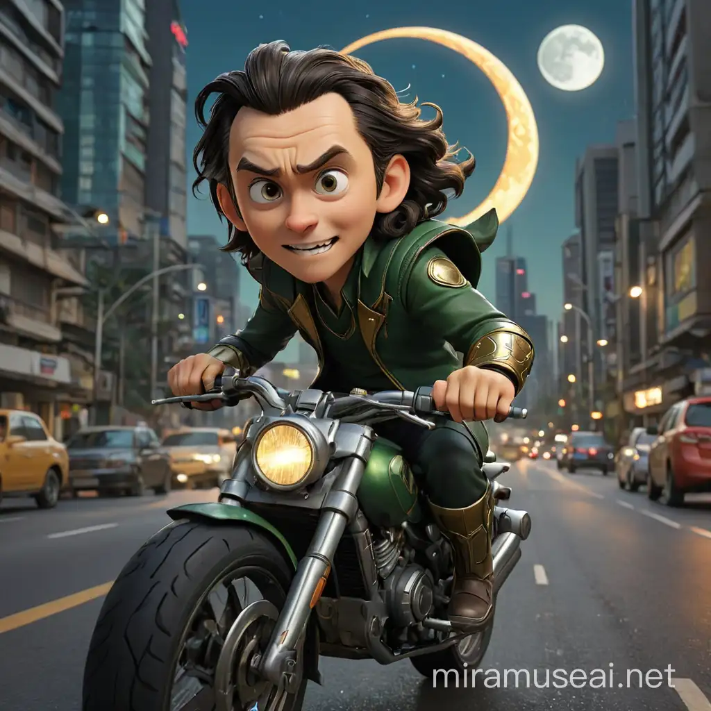 Give me a realistic caricature image of loki from marvel cinematic universe. In this picture he's riding a motorbike in jakarta road in the night. He ride a bike with a lot of tall building around him and there is a crescent moon. There is a busway on the road and also cars. He is enjoy the view of jakarta. The image is from the side with the camera slightly upwards. the image is full 

