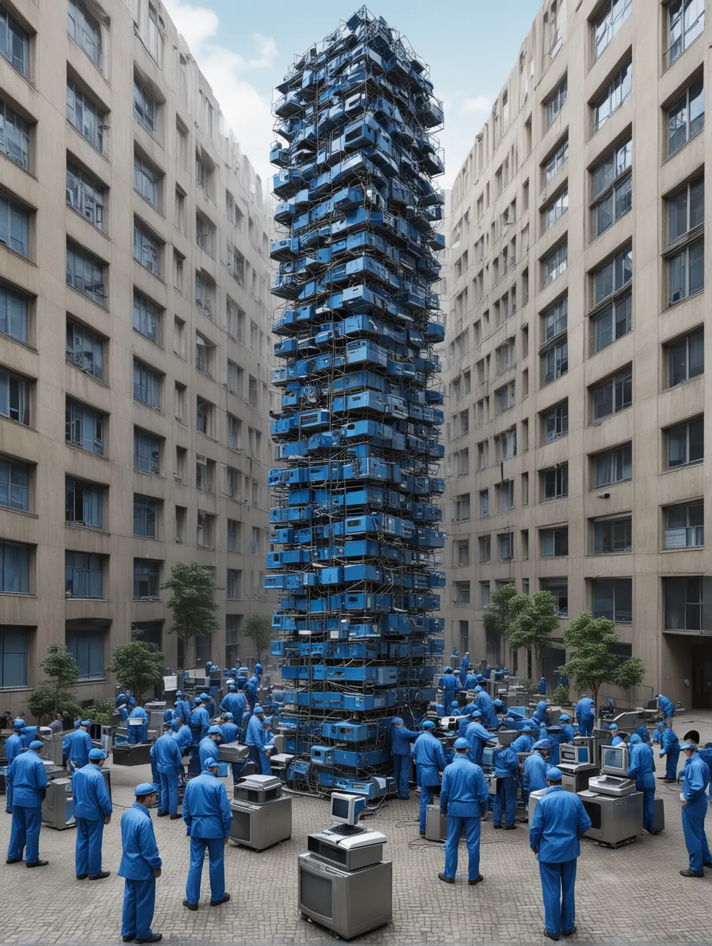 Surreal Business Tower Workers Stack Old Computers in Courtyard of Insurance Company