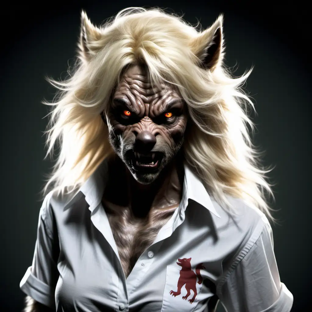 A very hairy blonde polish female werewolf  with a shirt on