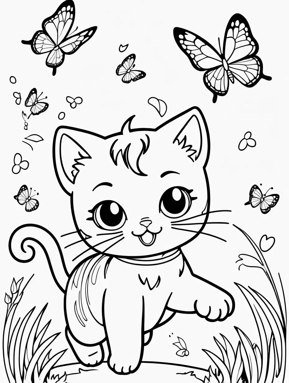 Adorable Kawaii Cat Chasing Butterfly Coloring Page for Children