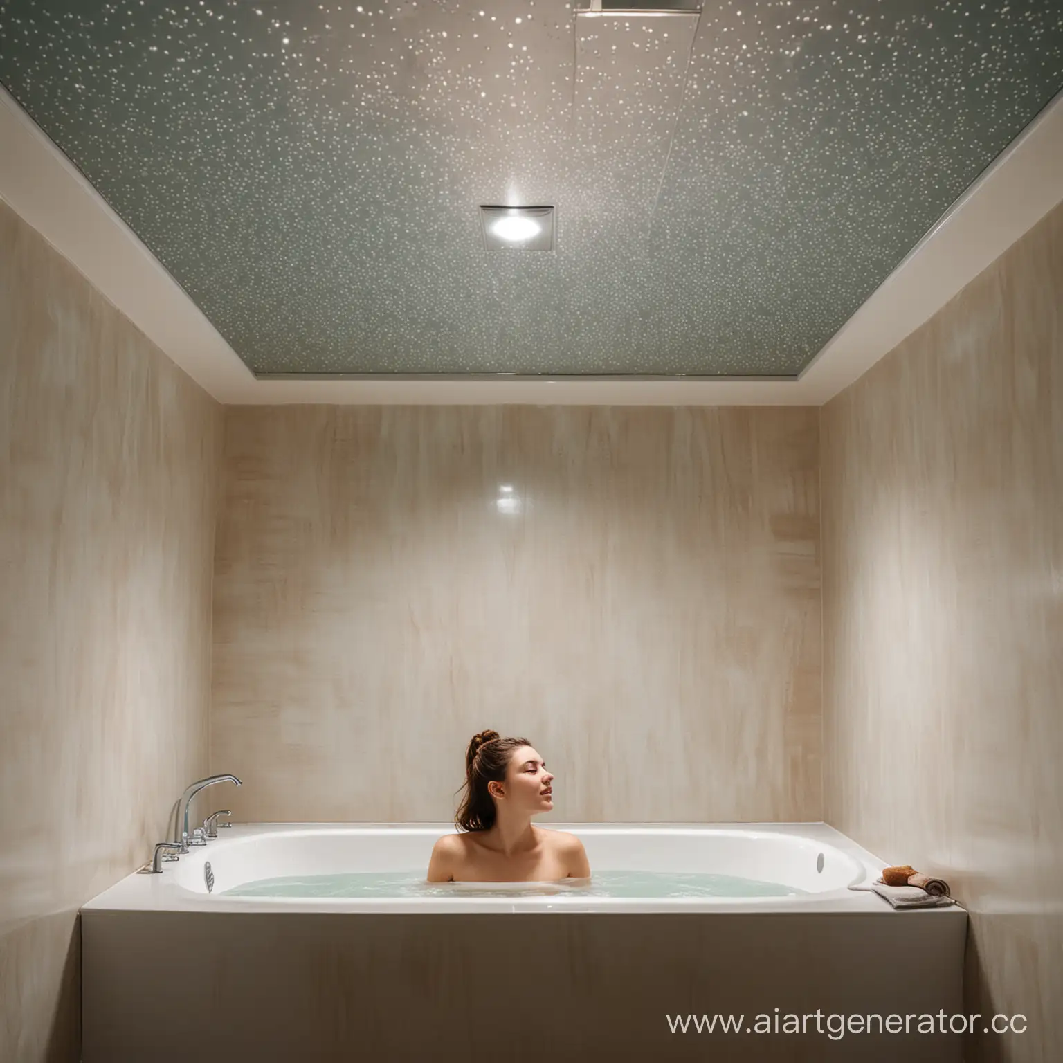 Девушка лежит в ванне с теплой водой , а сверху натяжной светящийся  потолок