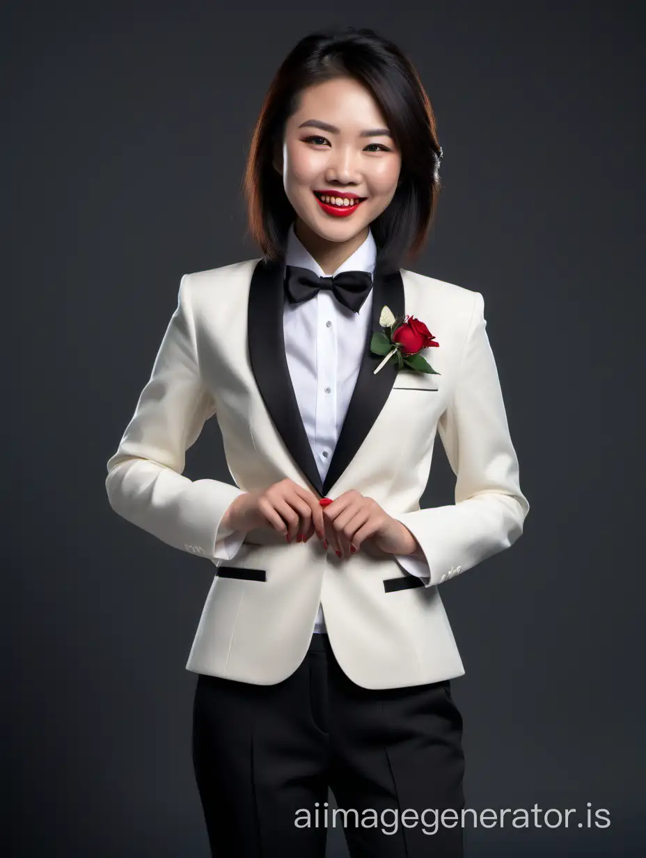cute and sophisticated and confident and smiling and laughing Chinese woman with shoulder-length hair and lipstick wearing an unbuttoned ivory tuxedo with (black pants) with a white shirt and a black bow tie.  Her jacket is open.  Her hands are in her pockets.  Her corsage is a red rose.