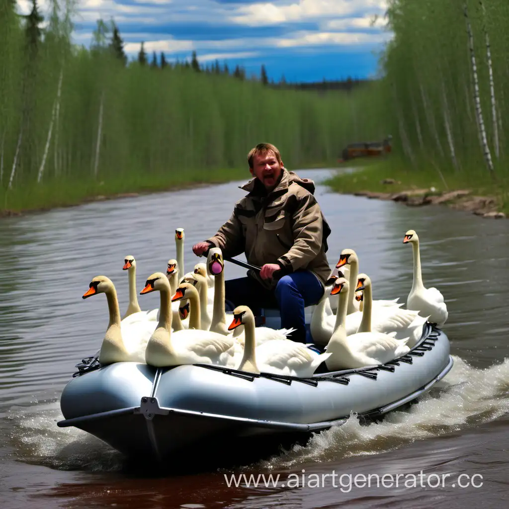 Friends-Boating-Amidst-Siberian-Taiga-Scenery-with-Flying-Geese-and-Swans