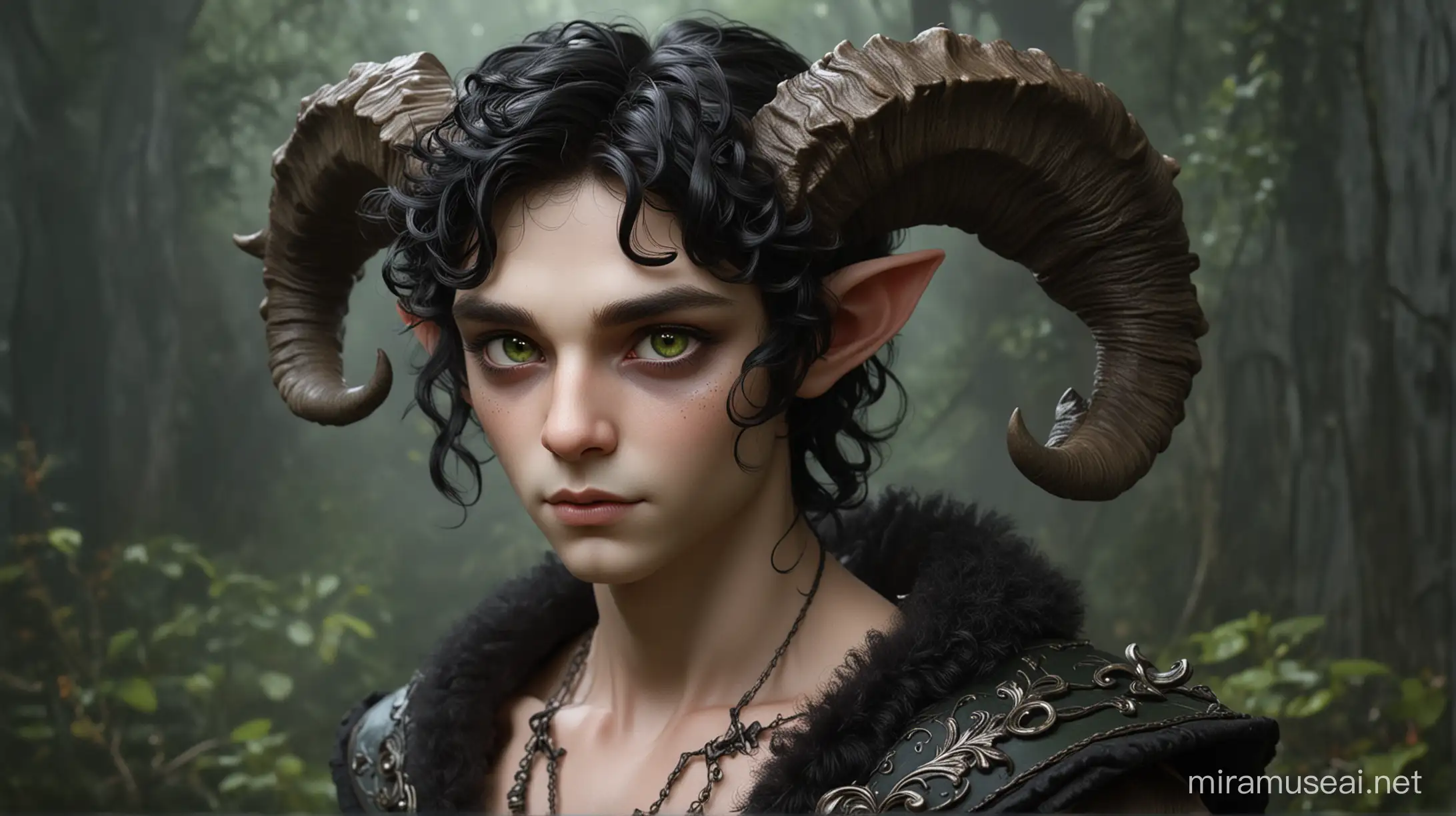A hansom mythical faun boy with curled horns, a lovely pale face, large green eyes, black hair, he wears black, crimson, and silver of fantasy appearance 