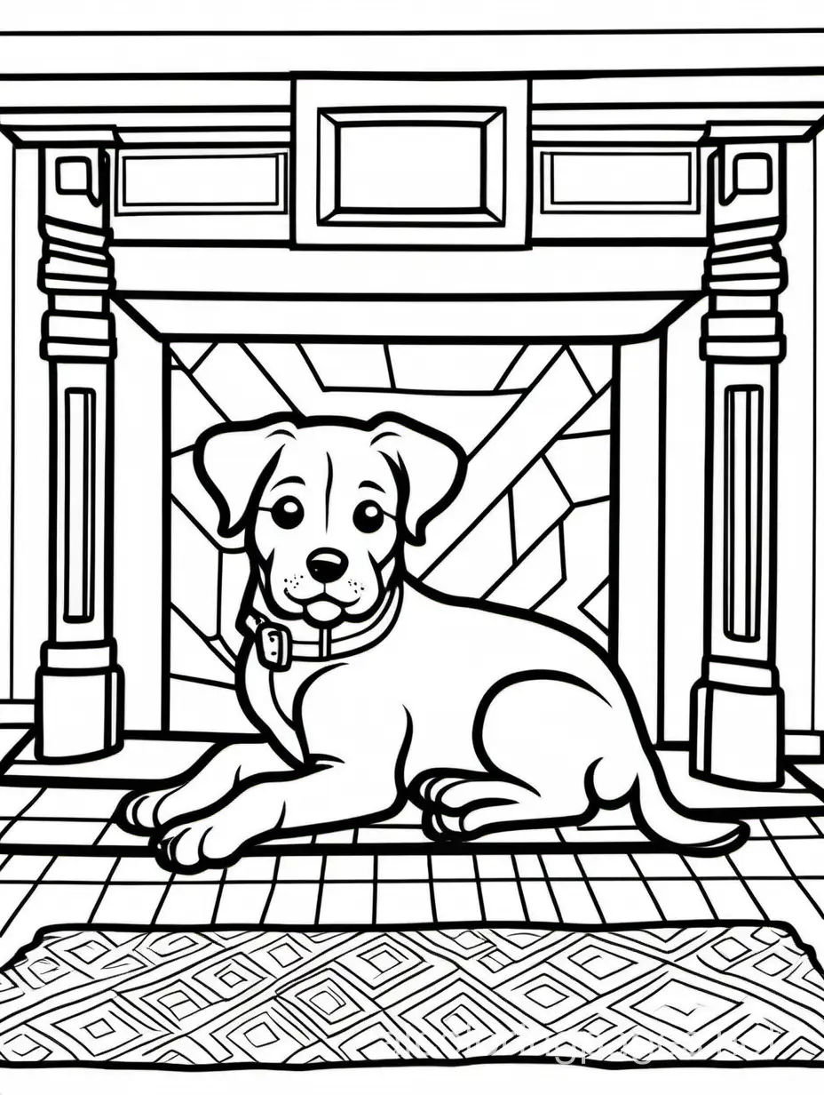 a puppy sleeping on a rug in front of a fireplace, Coloring Page, black and white, line art, white background, Simplicity, Ample White Space. The background of the coloring page is plain white to make it easy for young children to color within the lines. The outlines of all the subjects are easy to distinguish, making it simple for kids to color without too much difficulty