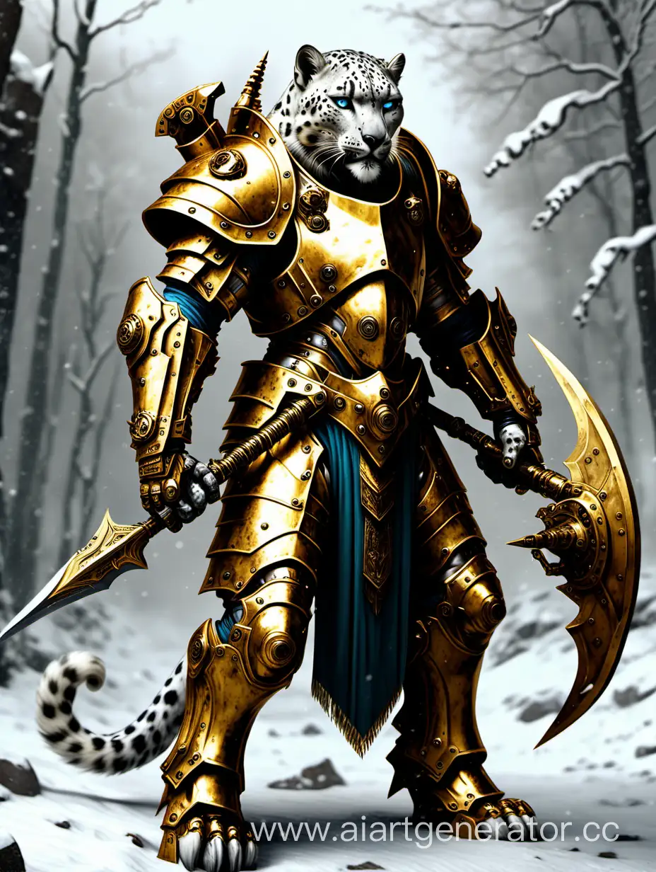 Humanoid snow leopard in a golden full plate power armor like adeptus kustodes massive halberd