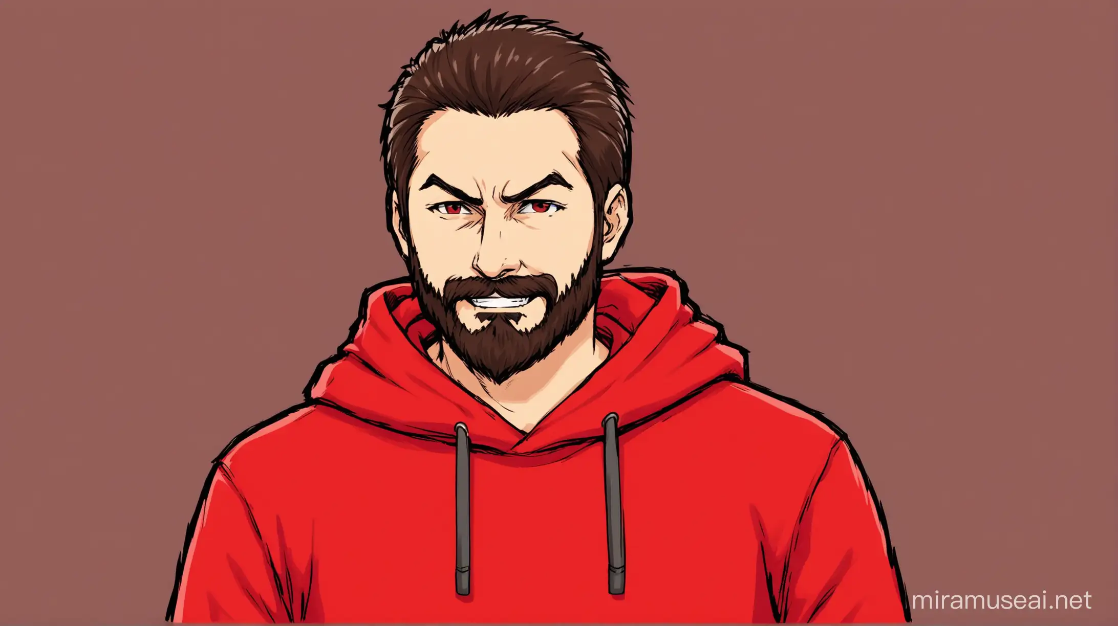 Create a thumbnail for 'This Makes You DANGEROUS as a Man (You MUST Know This)'  Keep the design simple yet attention-grabbing, avoiding a busy background. The man in the thumbnail should wear a red hoodie and have a small, evil smile on his face, along with a patchy beard."