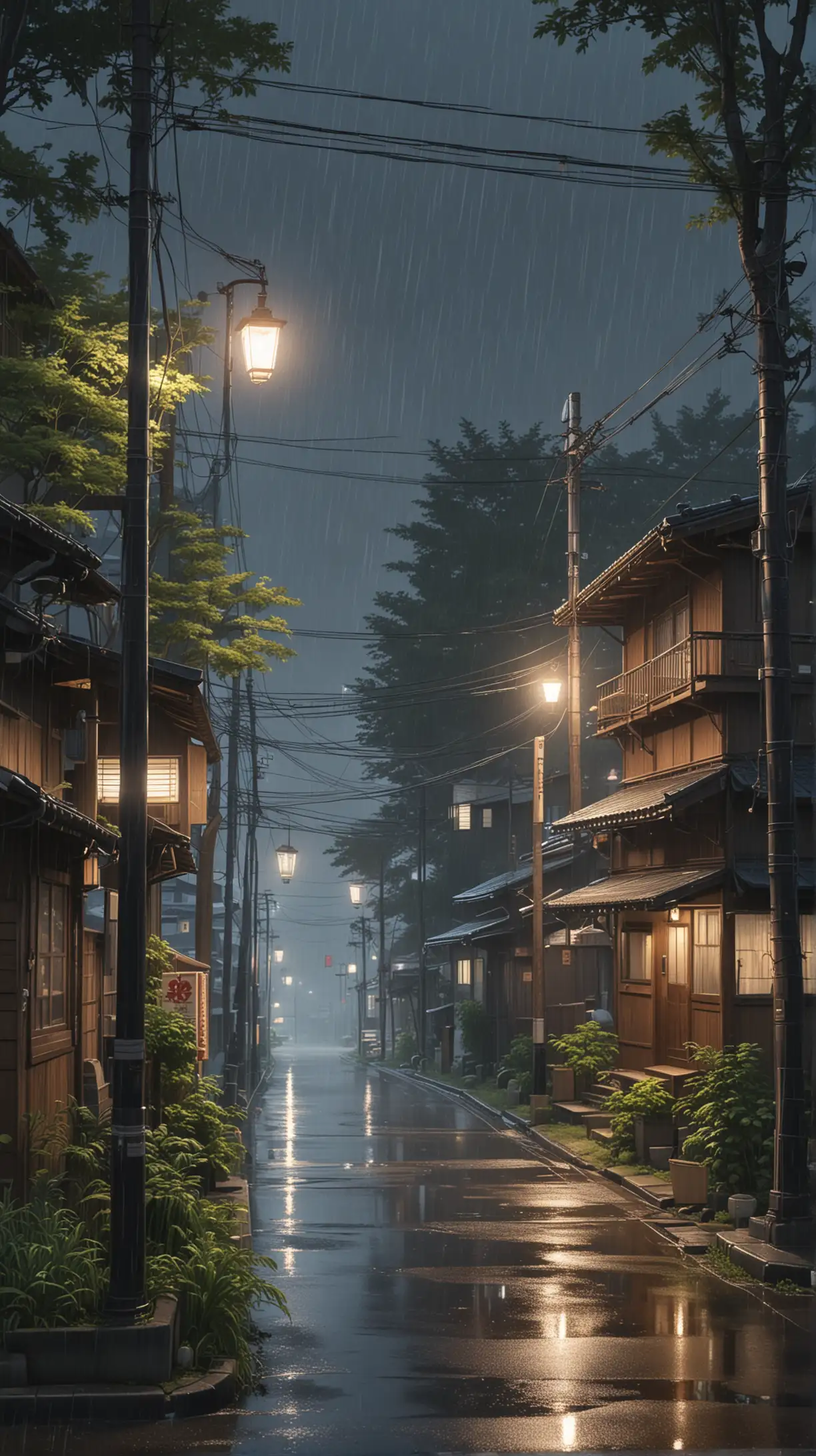 a night in a small village in Japan, raining, typical japan semi modern wood houses and neighbourhoods,  street lamps, wire and pole, trees on the side gang street, illustration, anime, ghibli studio inspiration, 3d render, acrylic palette colors, ultra detailed, 