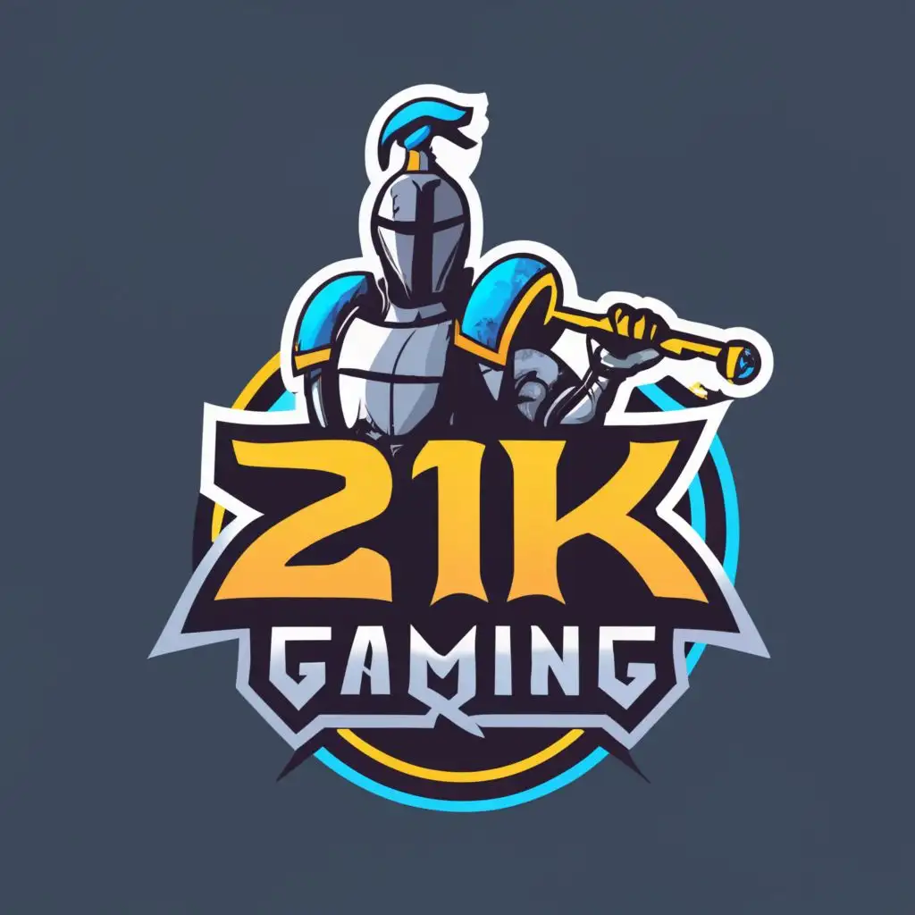LOGO-Design-For-21kgaming-Noble-Knight-Emblem-in-Circle-with-Blue-and-Yellow-Typography