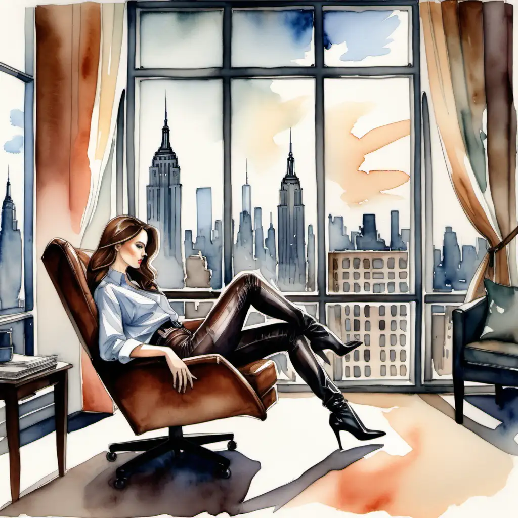 The scene of a woman with brown hair, straight hair, voluminous legs, big ass,wearing leather pants and shirt sitting in an armchair next to a window overlooking New York, classic color  palettes, watercolor