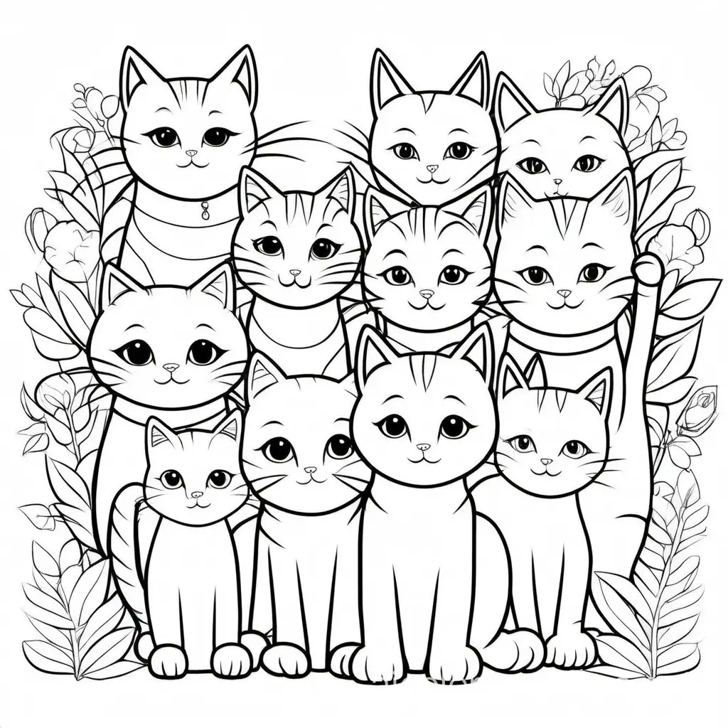 cat with friends, Coloring Page, black and white, line art, white background, Simplicity, Ample White Space. The background of the coloring page is plain white to make it easy for young children to color within the lines. The outlines of all the subjects are easy to distinguish, making it simple for kids to color without too much difficulty