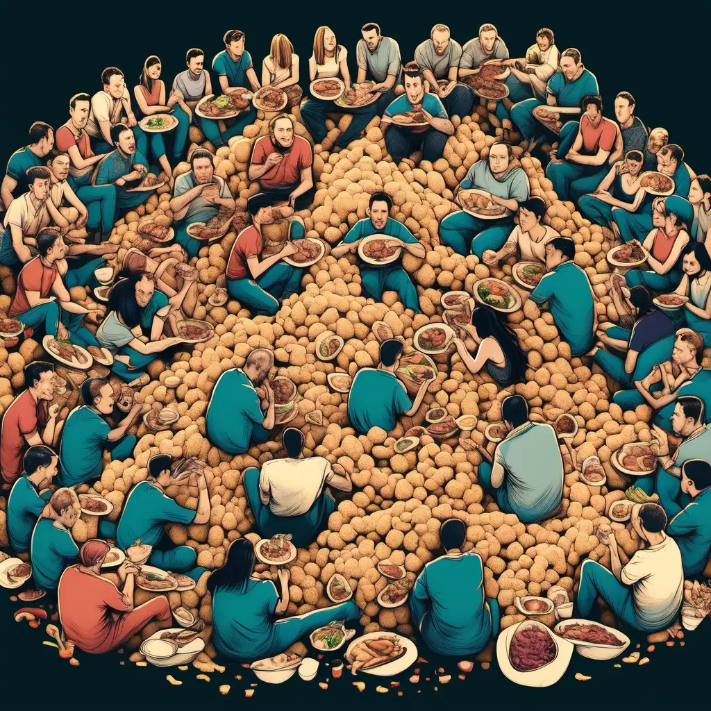 Ten people sitting in a big pile eating dinner. Food and heads everywhere 