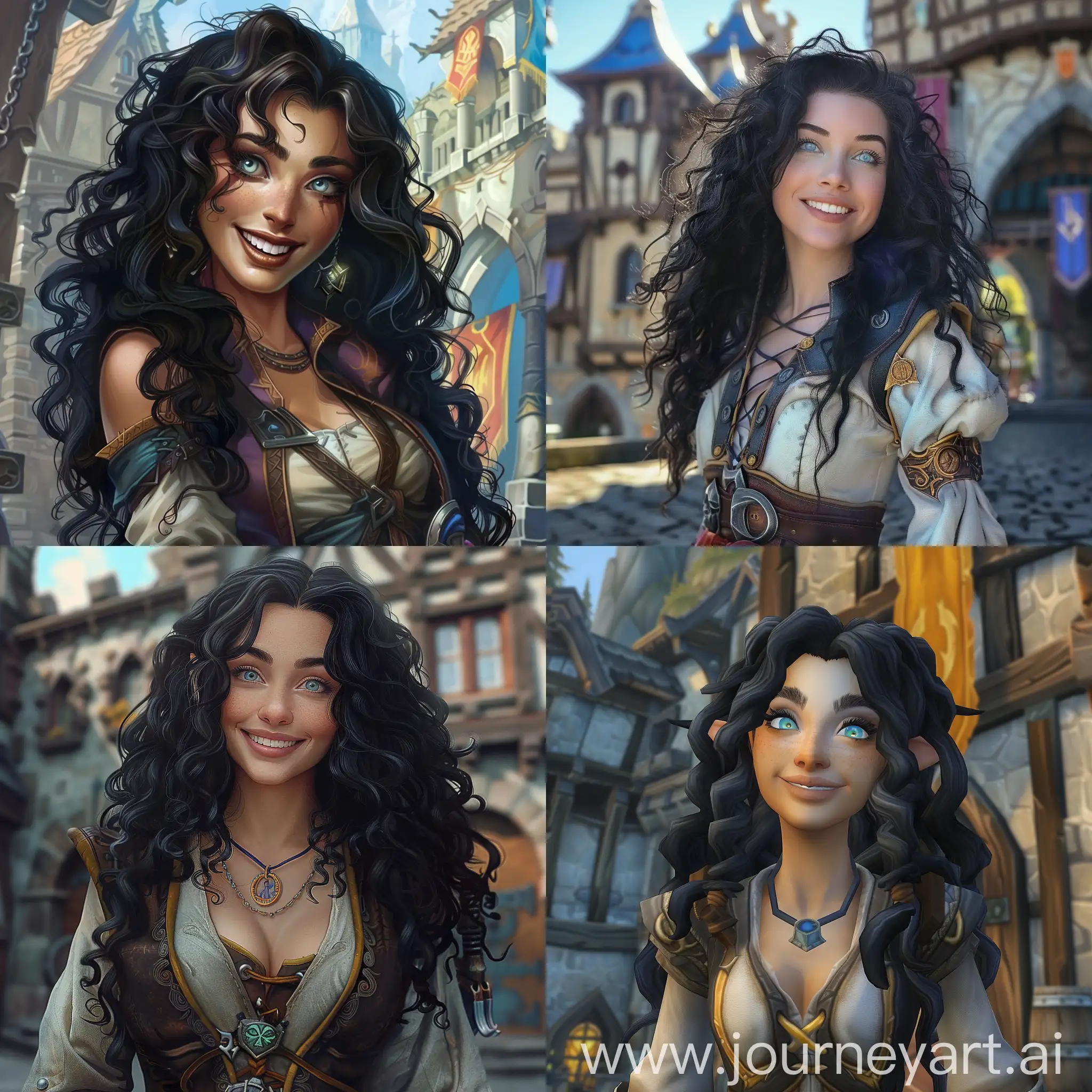 A female Draenei shaman fromWorld of Warcraft, long black curly hair, light blue eyes, casual medieval clothes, smile on her lips, standing infront of a medieval building