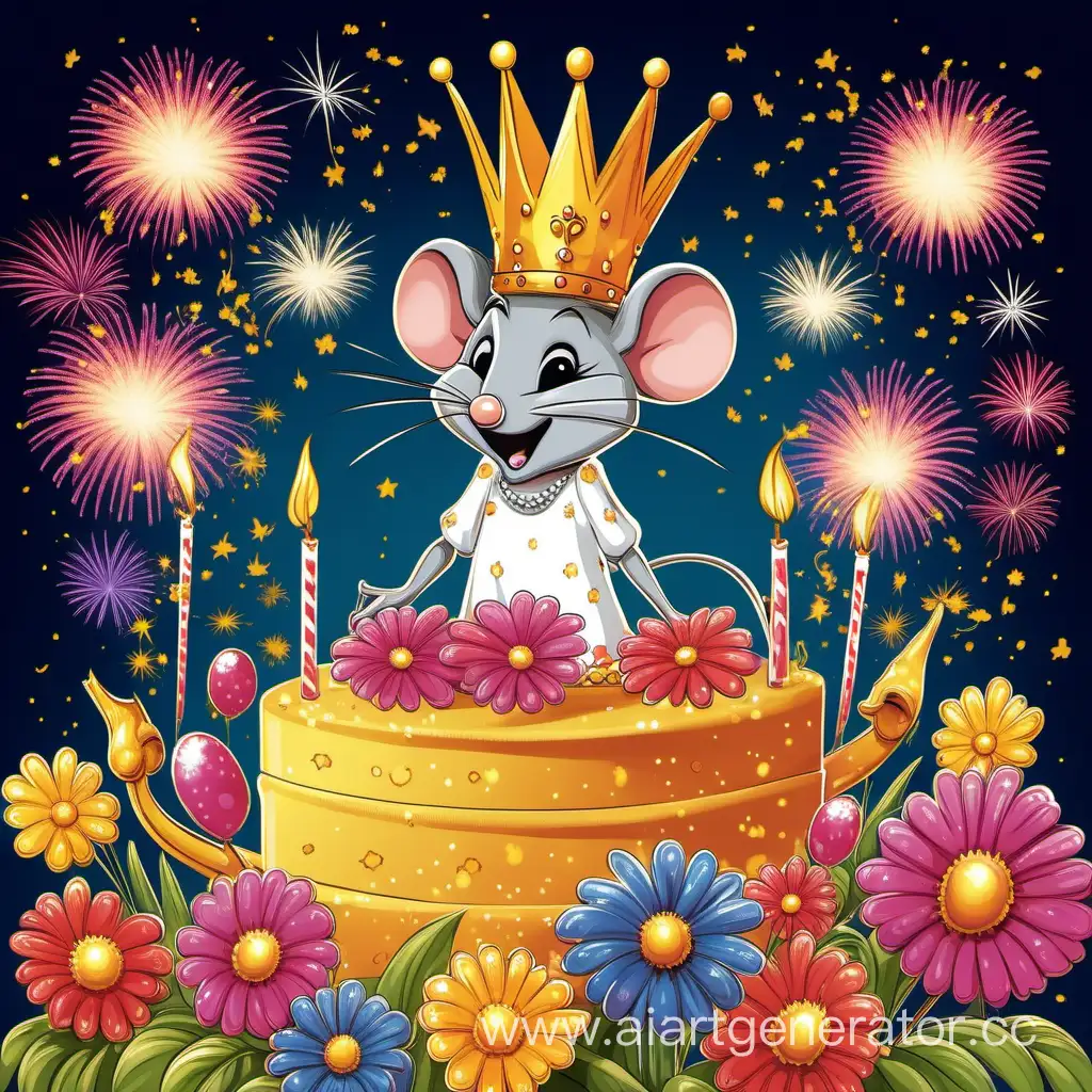 У мышки королевы день рождения вокруг цветы и салют