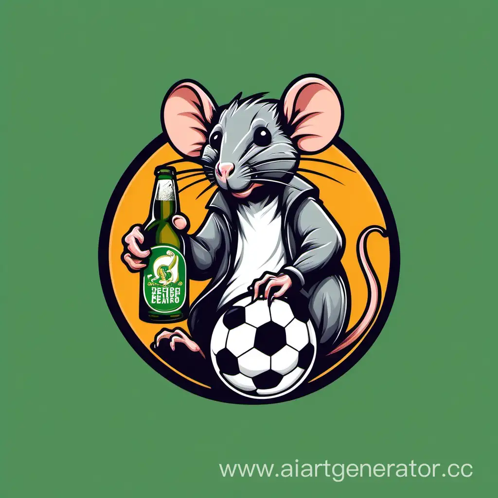 Логотип где крыса держит бутылку пива и футбольный мяч