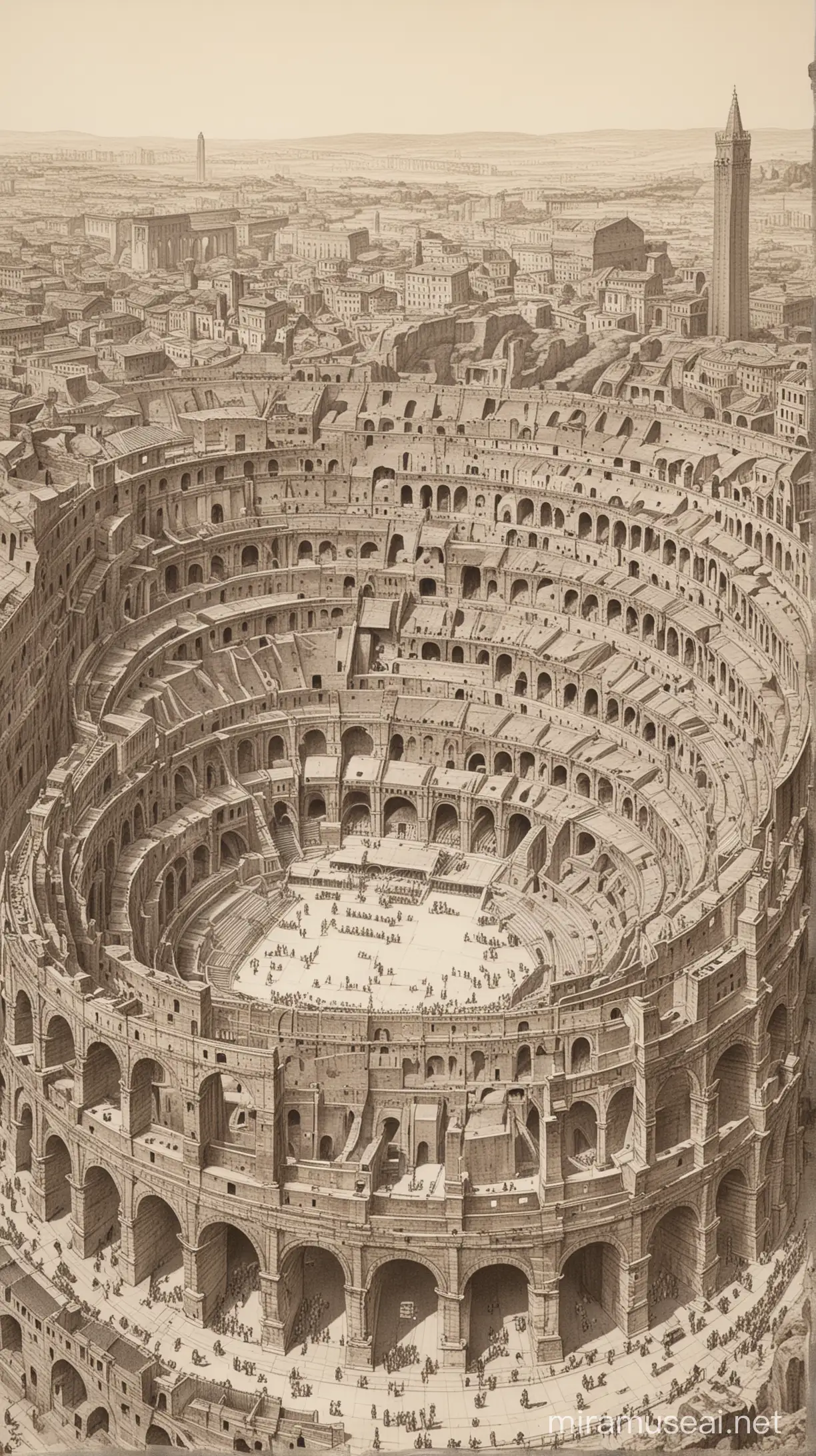A drawing depicting the mastery of Roman engineers: In a detailed drawing, the intricacies of the impressive architecture of the Colosseum and structural details can be seen. High galleries, columns, and arches, as well as arrangements inside the arena, are central to the drawing. This depiction highlights the engineering genius and reflects an important example of the architectural legacy of the Roman Empire.

