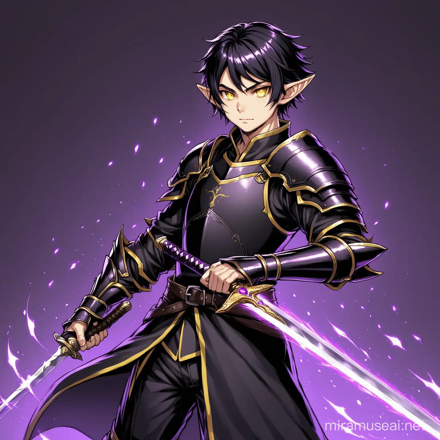 Male elf swordsman, wearing black leather armor, wields a kodachi, he has plae skin, short black hair, left eye is yellow, and his right eye is purple.